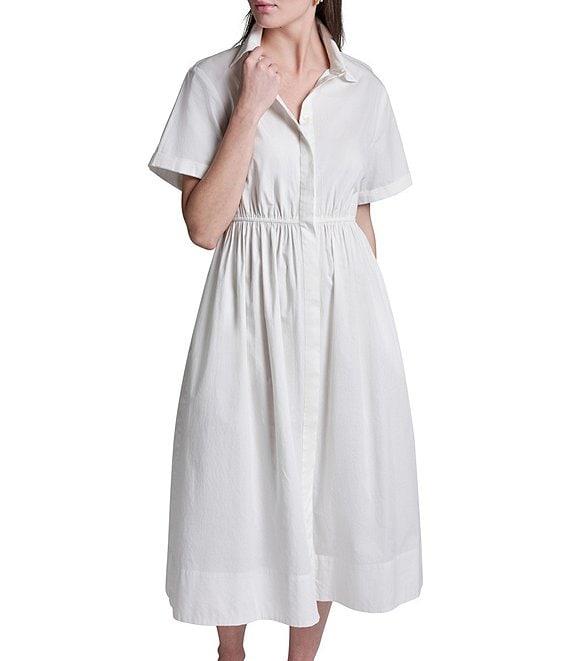 BCBG Point Collar Short Sleeve Open Back Cotton Poplin Shirt Dress Product Image
