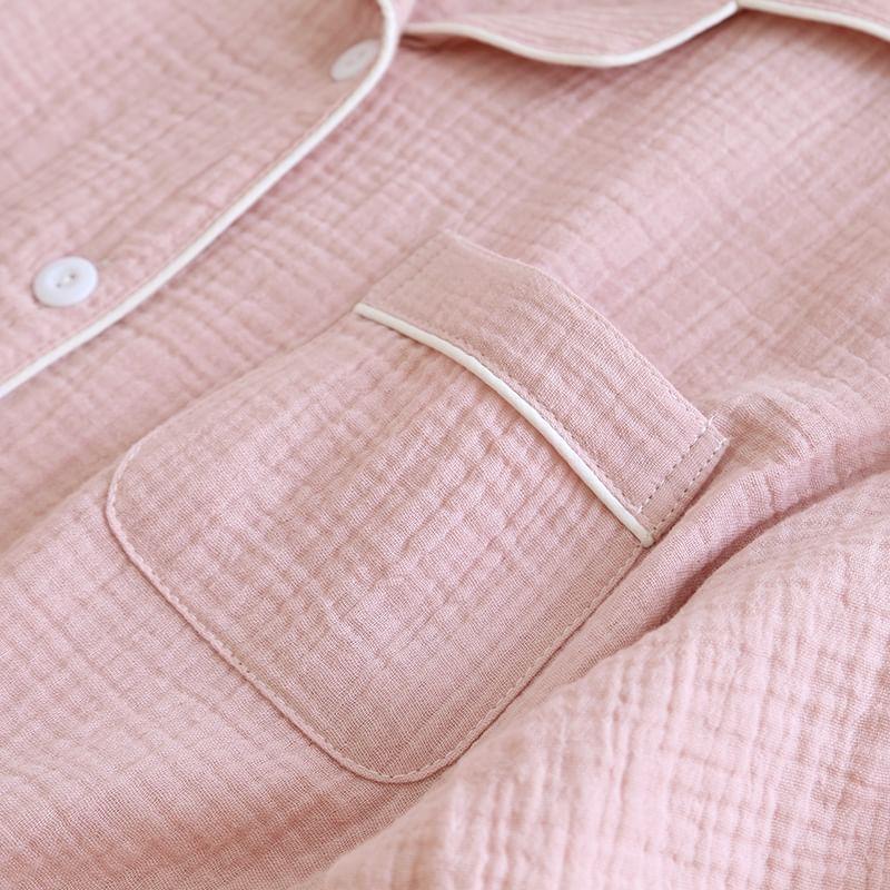 Couple Matching Short-Sleeve Lapel Collar Contrast Trim Button Pajama Top (Various Designs) Product Image