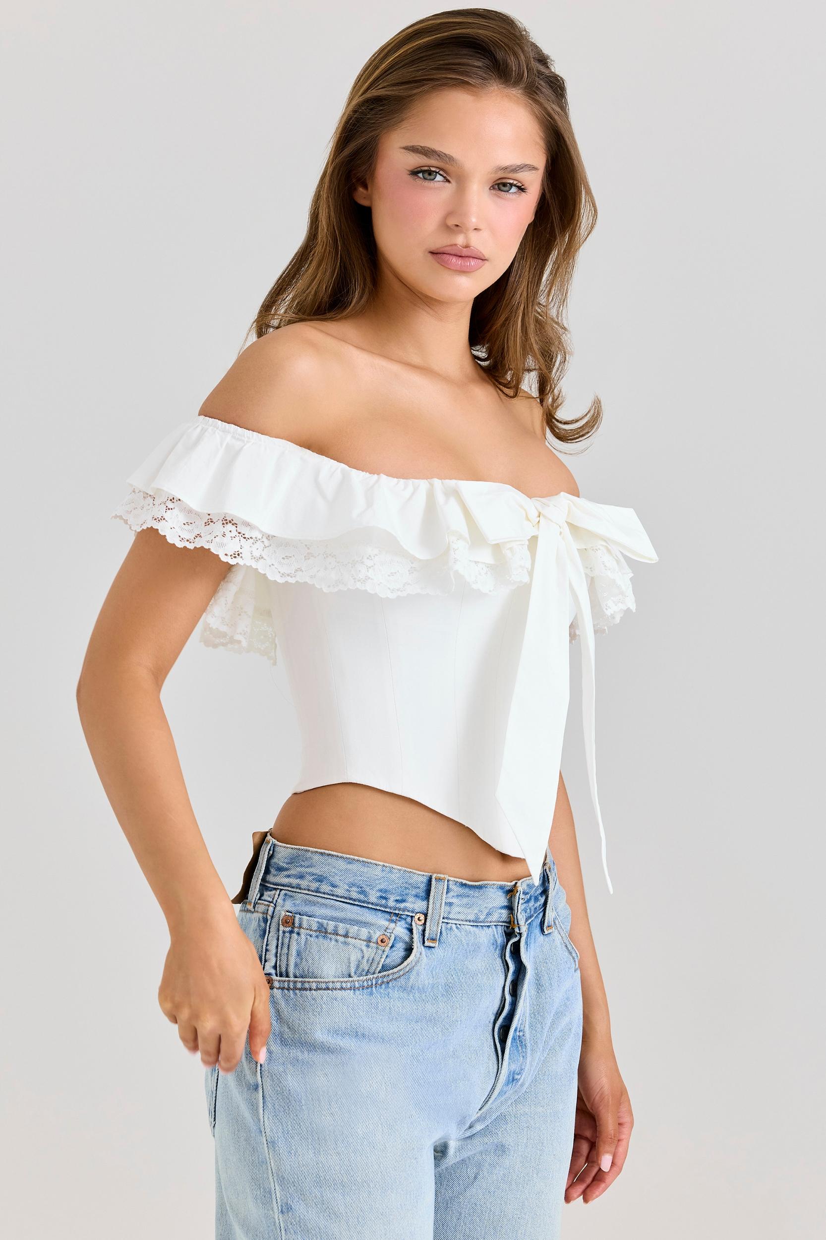 Aria  white stretch cotton off-the-shoulder frill corset Product Image