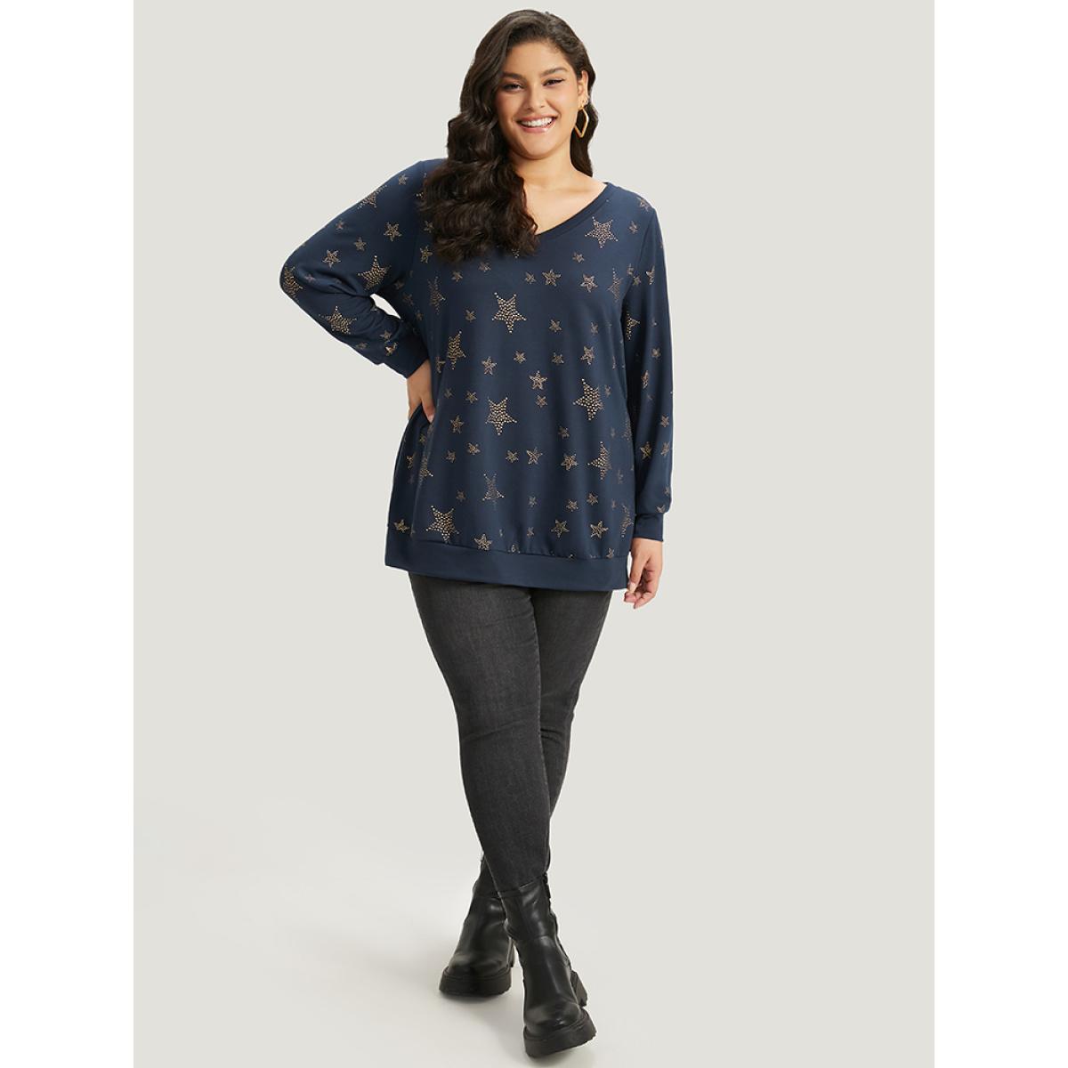 Plus Size Star Glitter Print V Neck Elastic Cuffs Sweatshirt Women Indigo Casual Elastic cuffs V-neck Dailywear Sweatshirts BloomChic 12/L Product Image