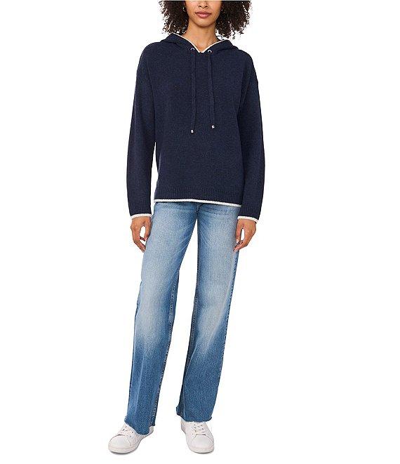 Vince Camuto Knit Crew Neck Long Sleeve Contrast Trim Hoodie Product Image