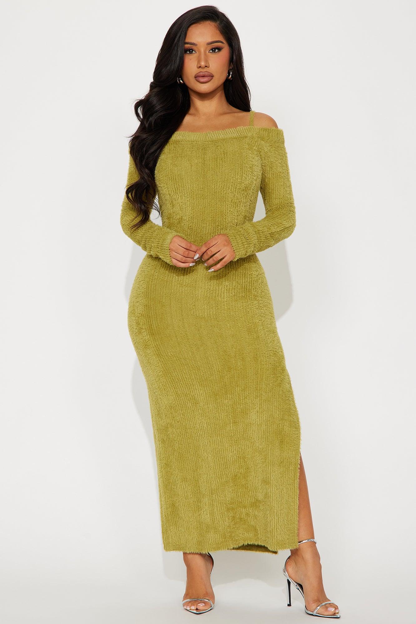 Fuzzy Feels Maxi Dress Set - Chartreuse Product Image