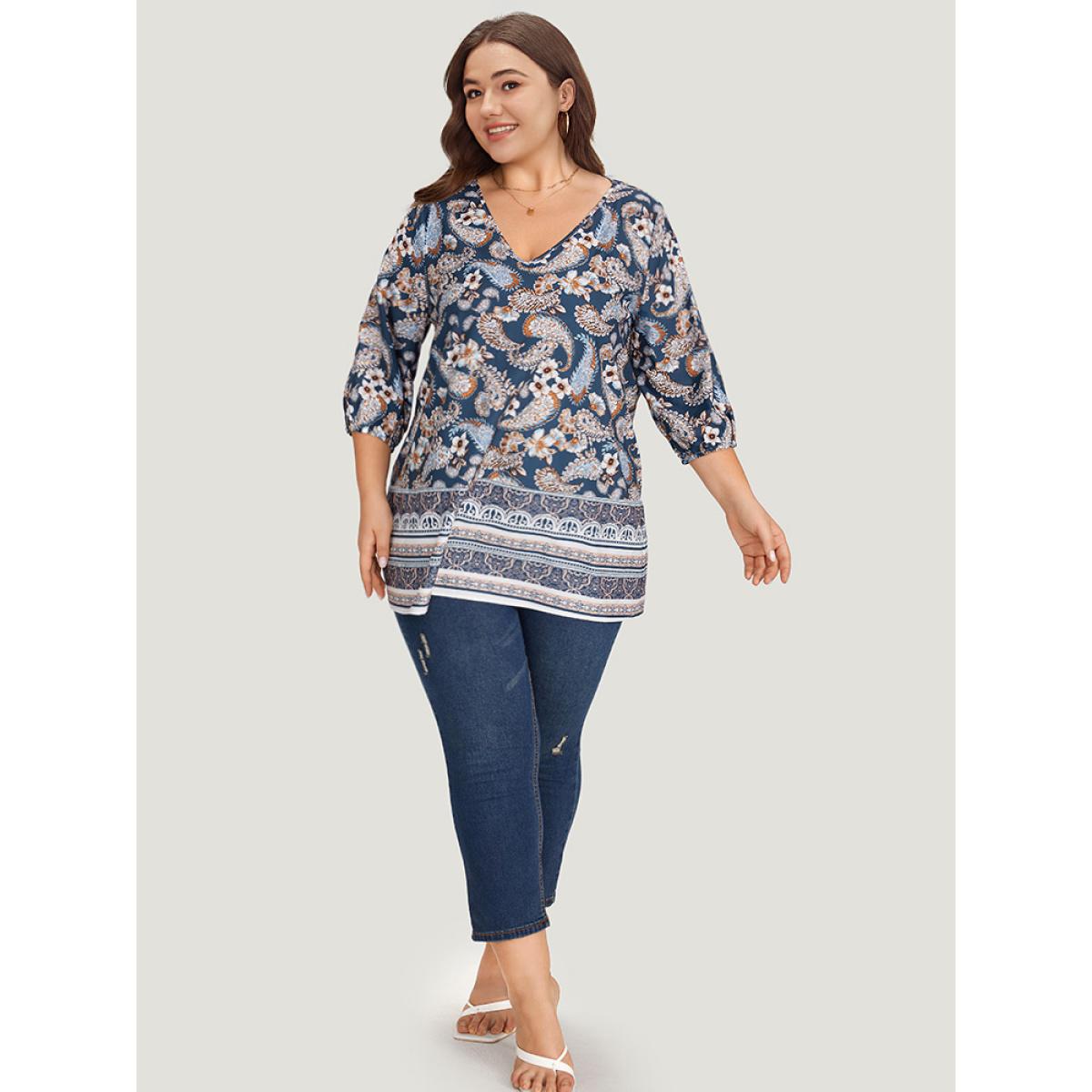 Plus Size Multicolor Paisley Print Patchwork V Neck Blouse Women Vacation Elbow-length sleeve V-neck Dailywear Blouses BloomChic 18-20/2X Product Image
