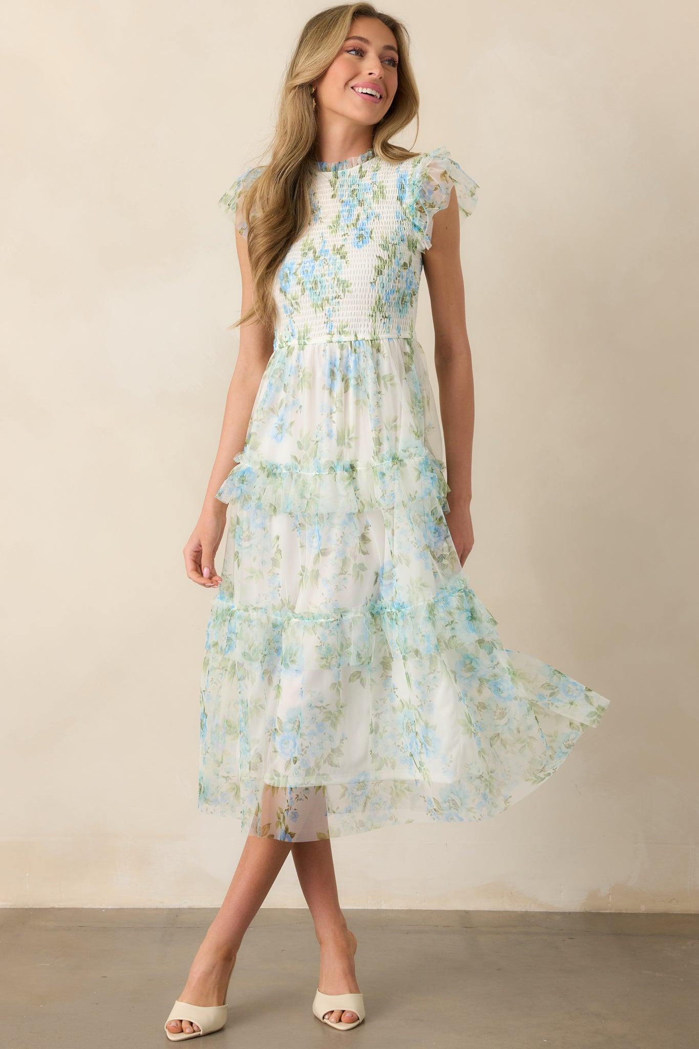 Sunrise Soiree Blue Floral Flutter Sleeve Midi Dress Product Image