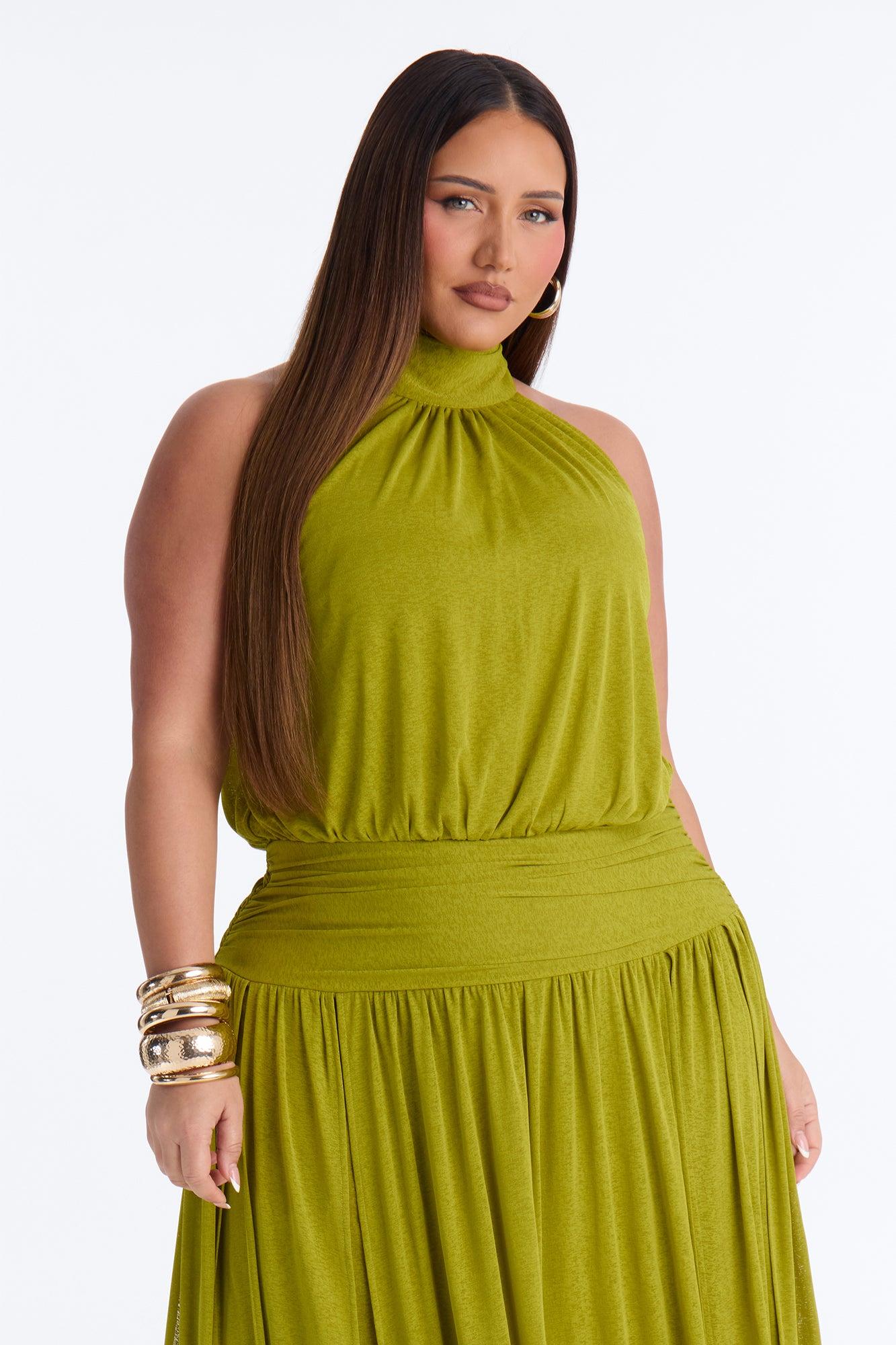 Bianca Halter Mock Neck Maxi Dress - Chartreuse Female Product Image