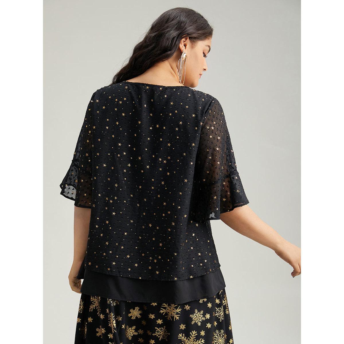 Plus Size Black Star Glitter Flutter Sleeve Mesh Blouse Women Glamour Half Sleeve Round Neck Festival-Christmas Blouses BloomChic 14-16/1X Product Image