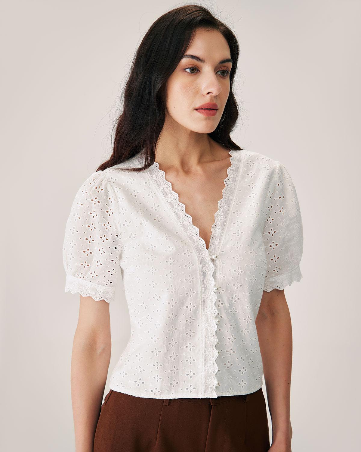 White Embroidery Puffed Sleeve Blouse Product Image