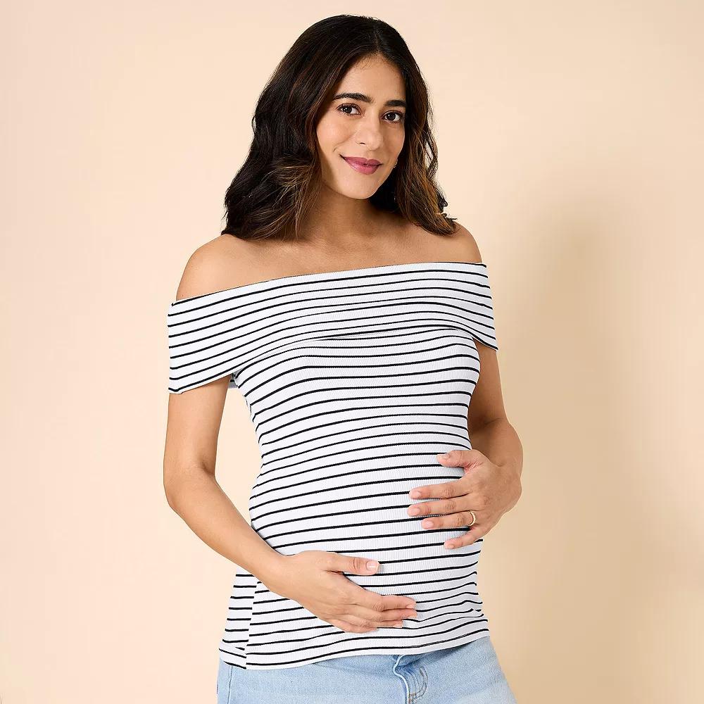 Maternity Motherhood® Off-The-Shoulder Top, Women's, Size: XXL-MAT, White Black Stripe Product Image