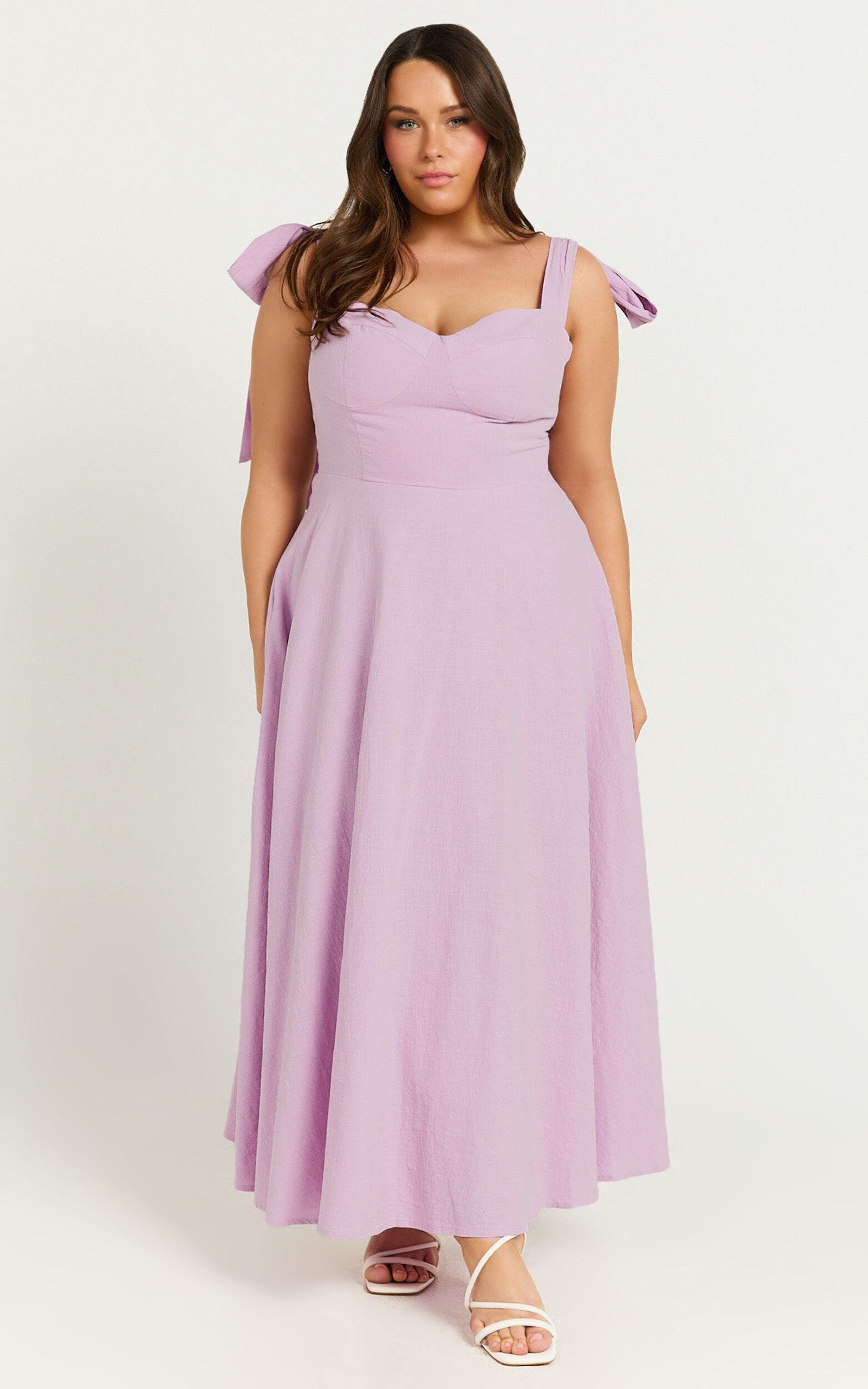 Tymia Midi Dress - Shoulder Tie Bustier Shirred Back A Line in Lavender Product Image