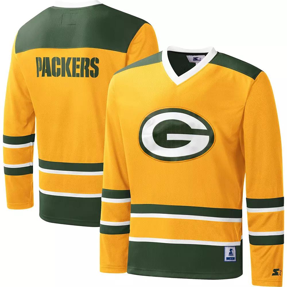 Men's Starter Gold Green Bay Packers Cross-Check V-Neck Long Sleeve T-Shirt,  Product Image