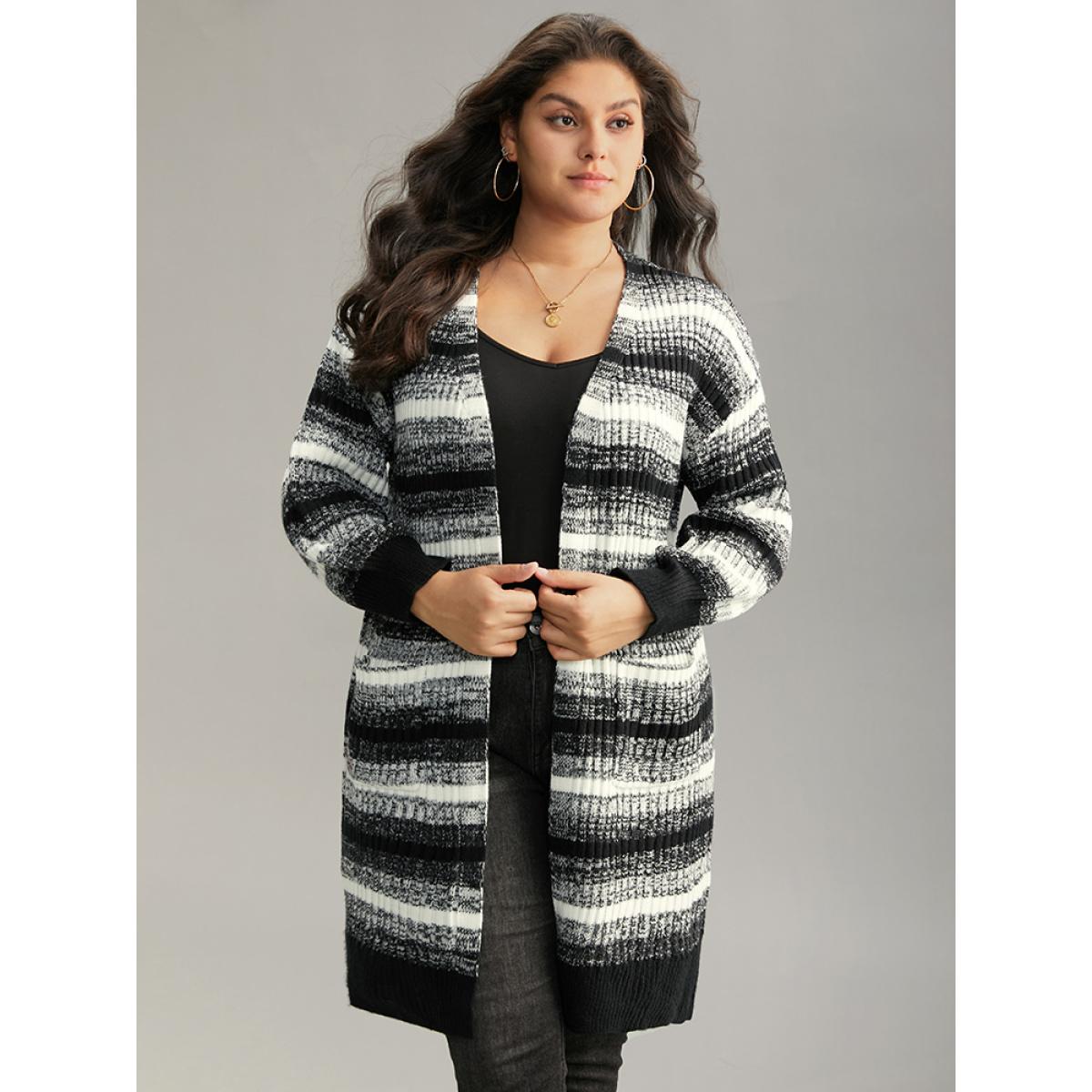 Plus Size Ombre Heather Patched Pocket Cardigan Black Women Casual Loose Long Sleeve Everyday Cardigans BloomChic 14-16/1X Product Image