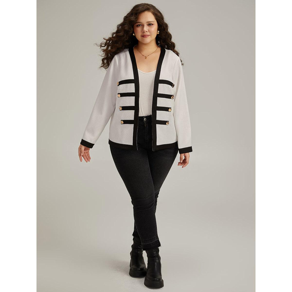 Plus Size Striped Patchwork Button Detail Contrast Jacket Women White Casual Contrast Ladies Dailywear Winter Coats BloomChic 14-16/1X Product Image