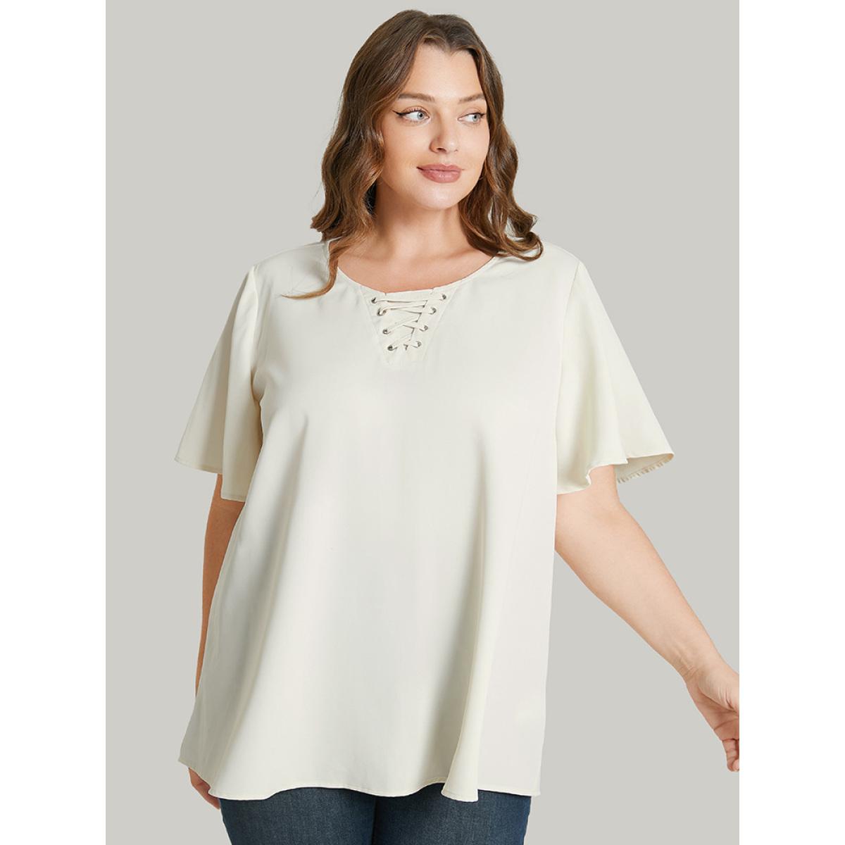Plus Size Ivory Solid Ruffle Sleeve Crisscross Neck Blouse Women Office Short sleeve Round Neck Work Blouses BloomChic 30/6X Product Image