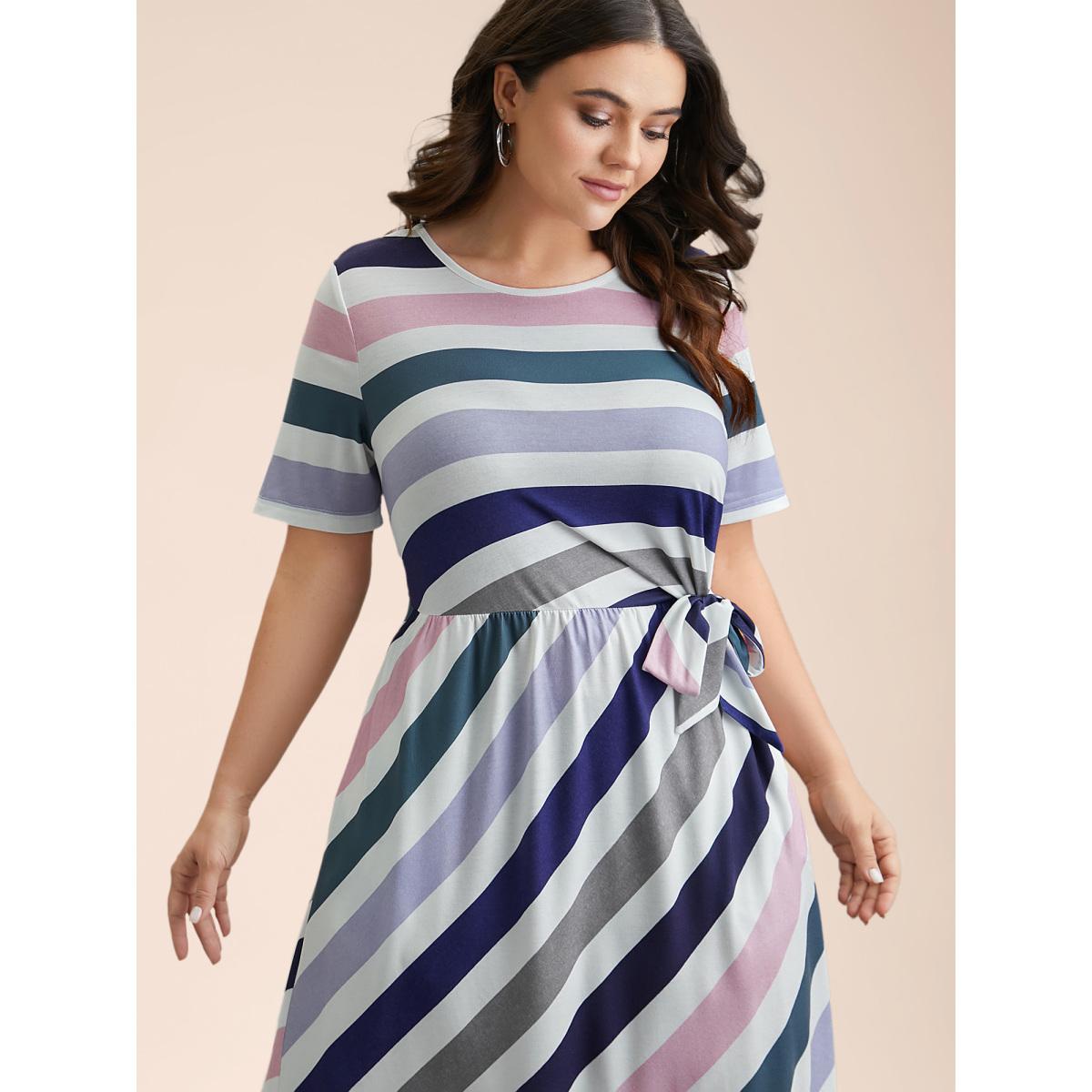 Plus Size Striped Waist-Tie Half Sleeve Midi Dress Multicolor Women Casual Tie knot Knit Dresses Bloomchic 30/6X Product Image