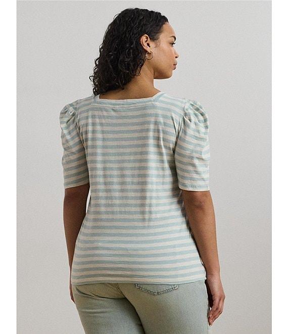 Lauren Ralph Lauren Plus Size Cotton Jersey Striped Square Neck Short Puff Sleeve Top Product Image