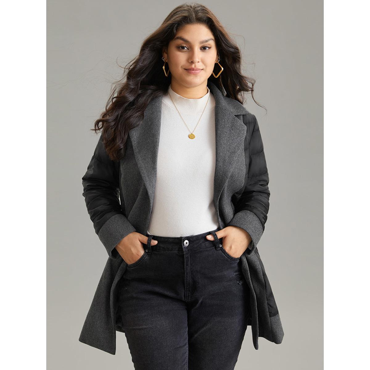 Plus Size Padded Patchwork Tweed Belted Lapel Collar Coat Women DimGray At the Office Lined Ladies Office Winter Coats BloomChic 10/M Product Image