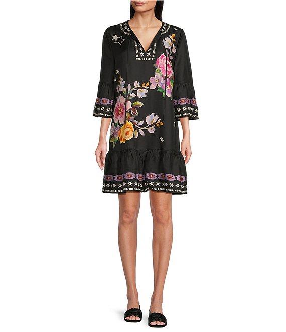 JOHNNY WAS Hailee Placement Floral Print Split V-Neck 3/4 Bell Sleeve Ruffle Hem Shift Dress Product Image