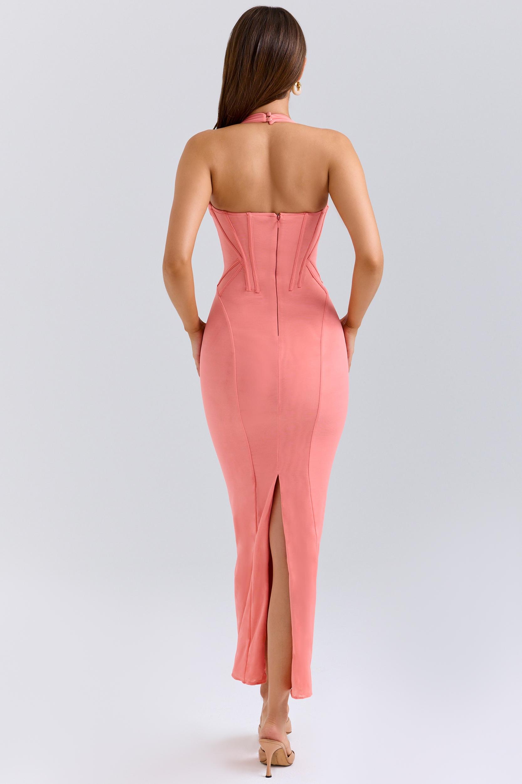 Lusilla  coral stretch mesh halter neck midi dress Product Image