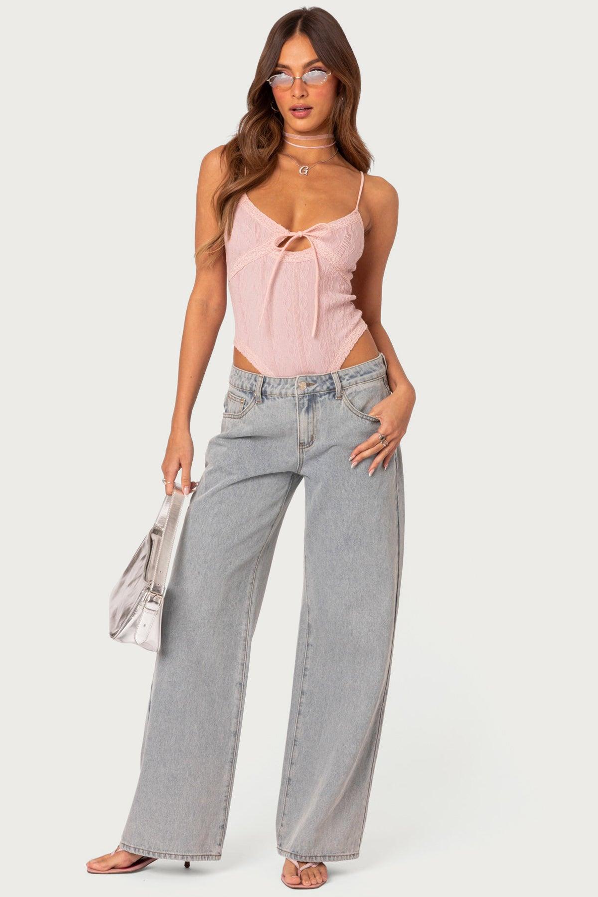 Bow Pocket Low Rise Baggy Jeans Product Image