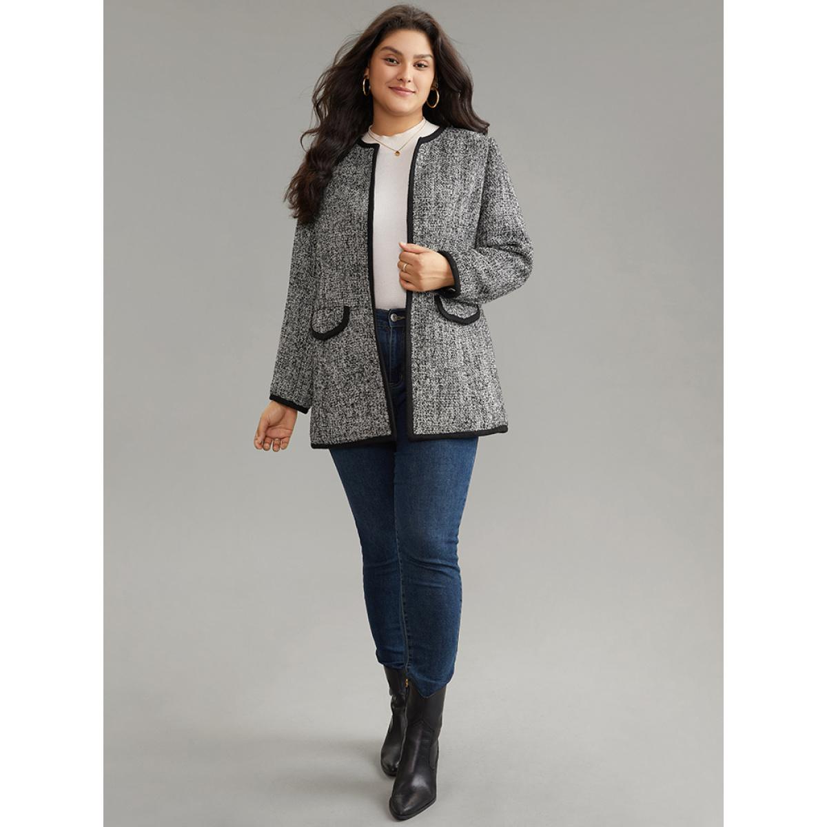 Plus Size Tweed Flap Pocket Open Front Contrast Trim Blazer Black Women Dailywear Plain Texture Sleeve Long Sleeve Open Front 12/L Pocket Casual Blazers BloomChic Product Image
