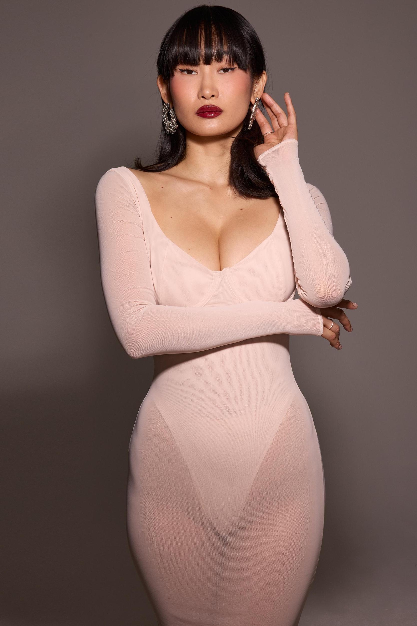 Everly  blush mesh maxi dress with bodysuit Product Image