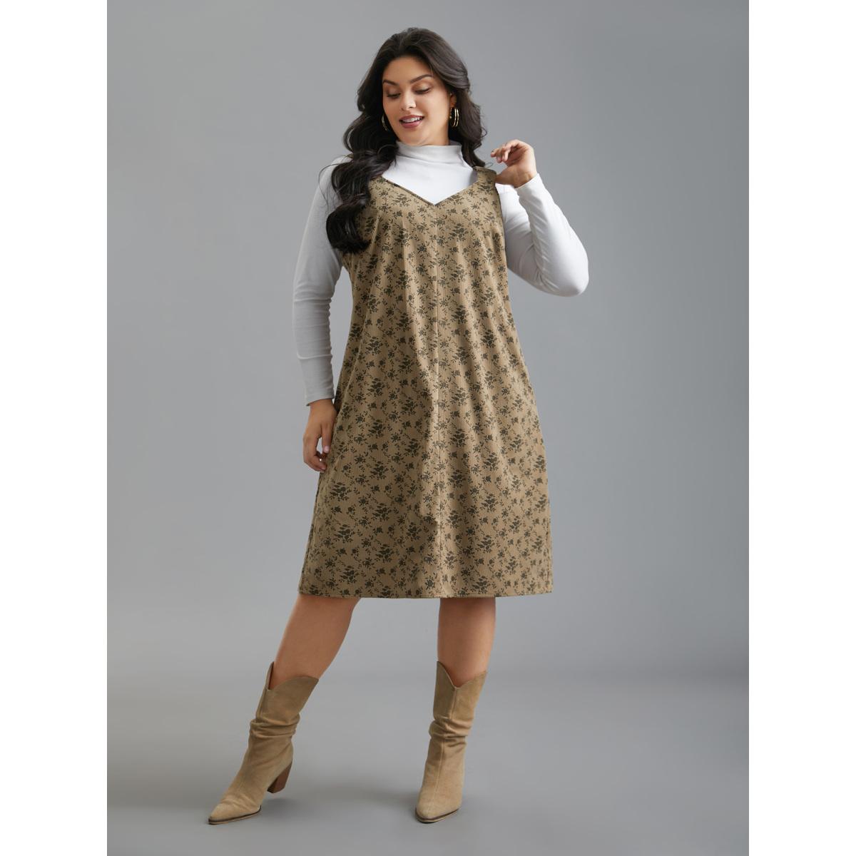 Plus Size Suspender Skirt Style Floral Dress Browncoffeecolor Women Casual Texture Non Sleeveless Curvy BloomChic 14-16/1X Product Image