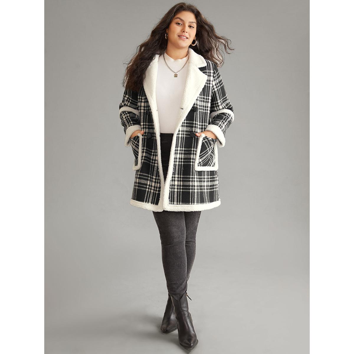 Plus Size Lapel Collar Plaid Pocket Fuzzy Trim Coat Women Black Casual Lined Ladies Dailywear Winter Coats BloomChic 10/M Product Image