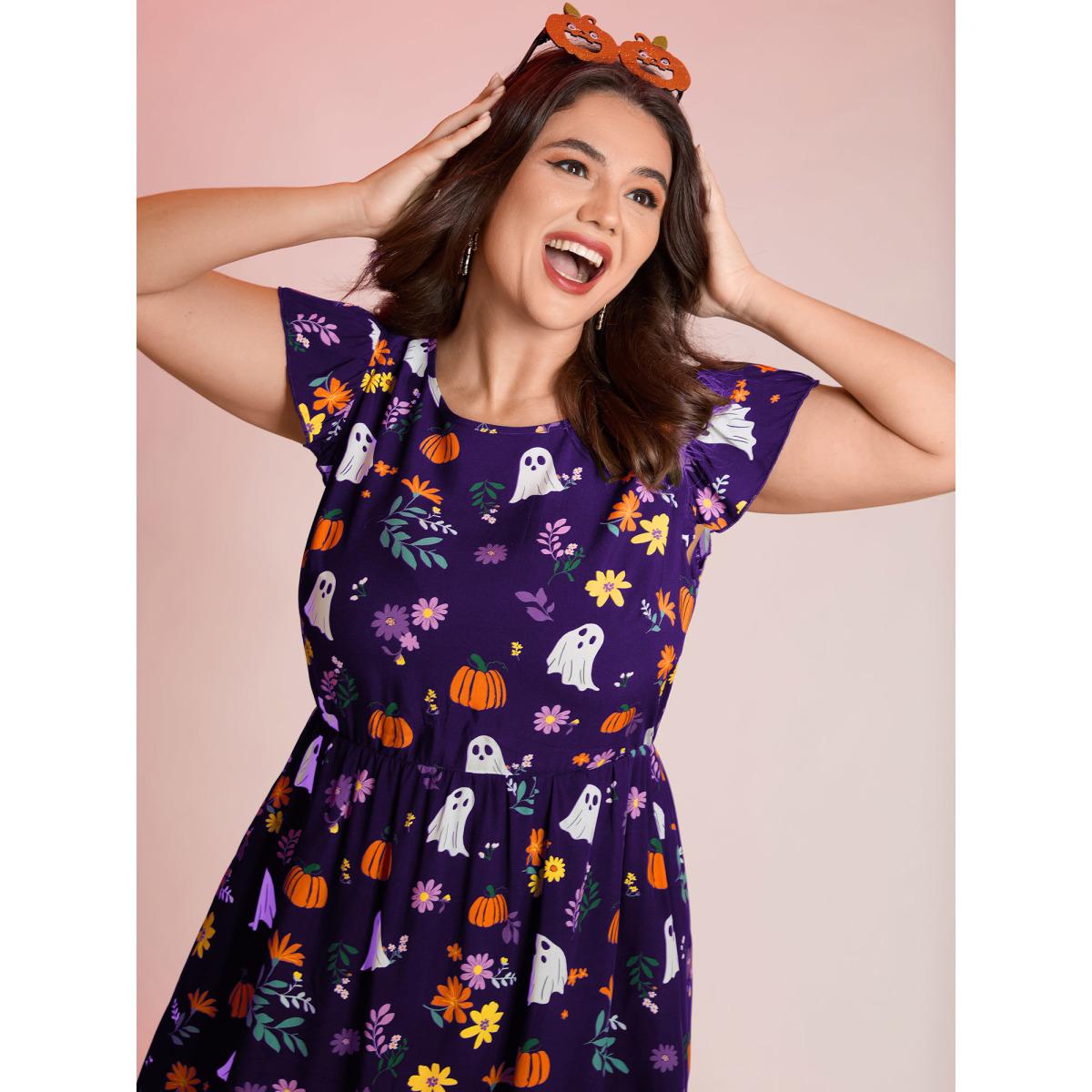 Plus Size Ghost Party Rayon Pockets Midi Dress Deeppurple Women Playful Round Neck Cap Sleeve Curvy BloomChic 30/6X Product Image