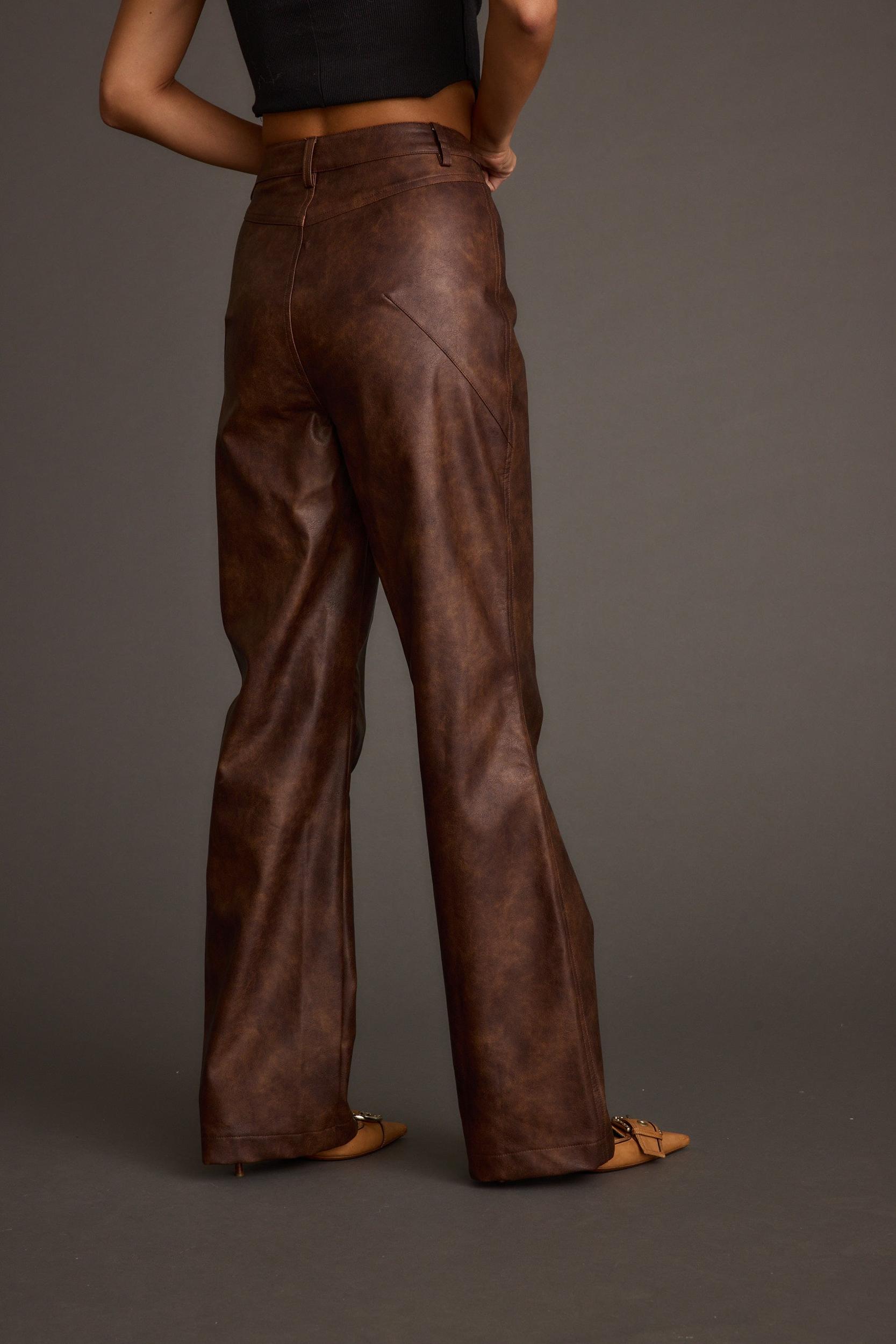 Kingsley Washed Brown Vegan Leather Straight Leg Pants Product Image