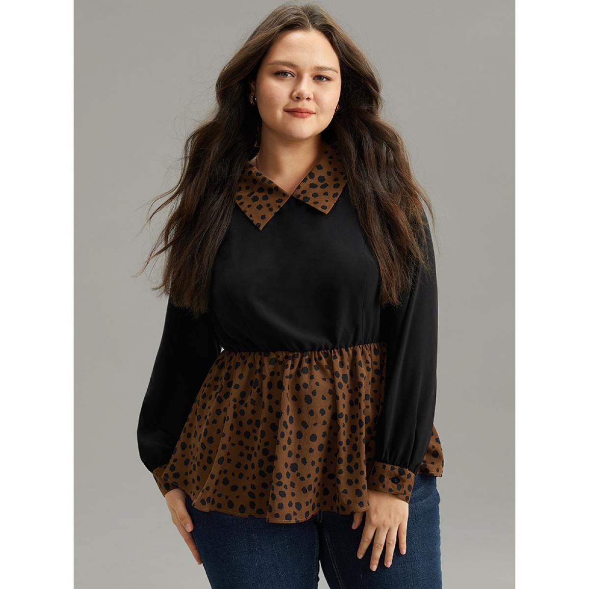 Plus Size Black Leopard Patchwork Elastic Waist Blouse Women Elegant Long Sleeve Lapel Collar Dailywear Blouses BloomChic 18-20/2X Product Image