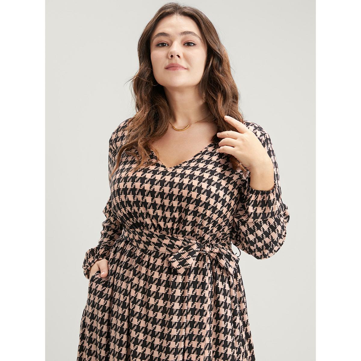 Plus Size Houndstooth V Neck Lantern Sleeve Pocket Belted Ruffles Dress Multicolor Women Elegant Elastic Waist V-neck Long Sleeve Curvy Midi Dress BloomChic 14-16/1X Product Image