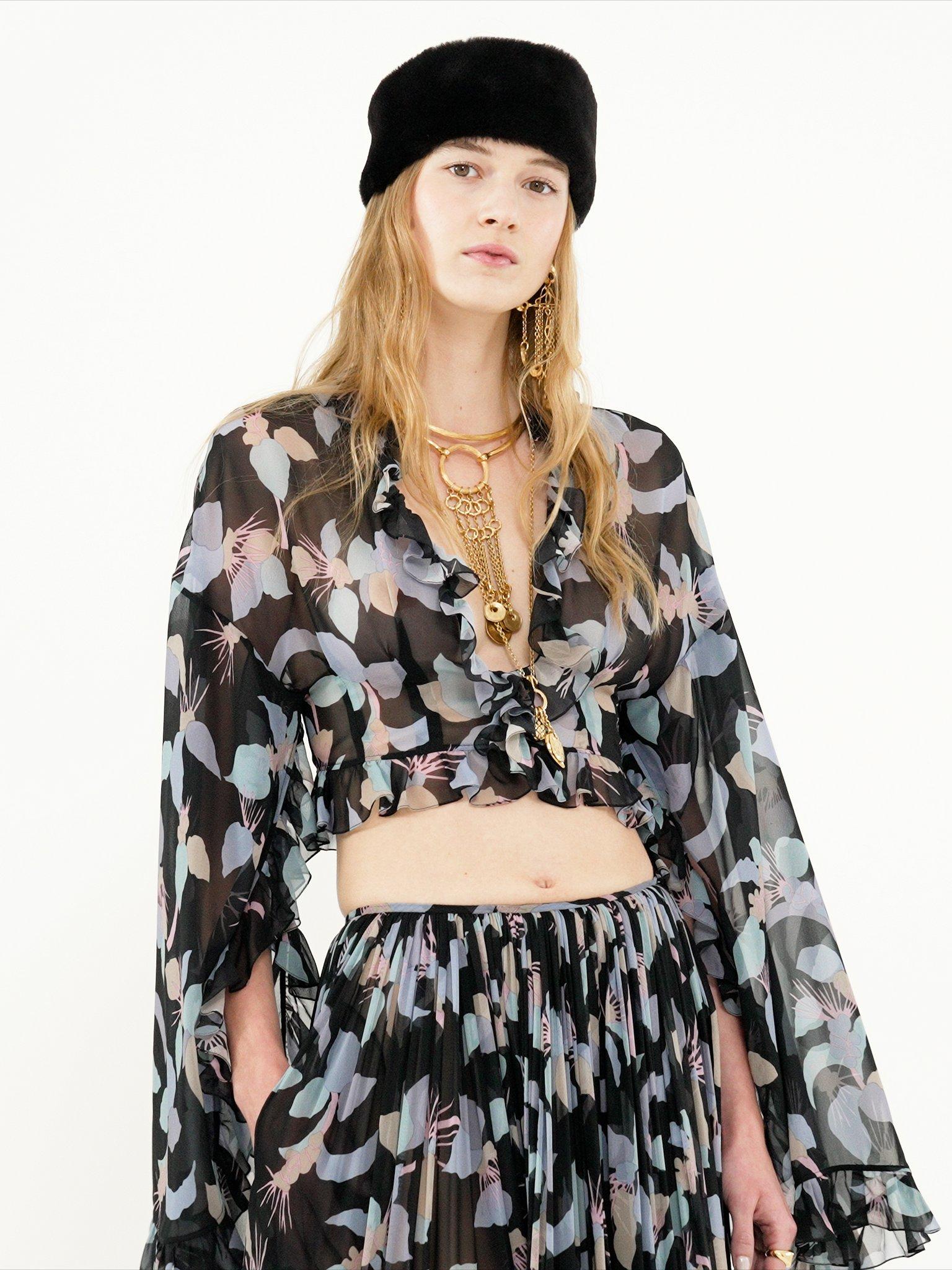 Gathered maxi skirt in silk georgette Product Image