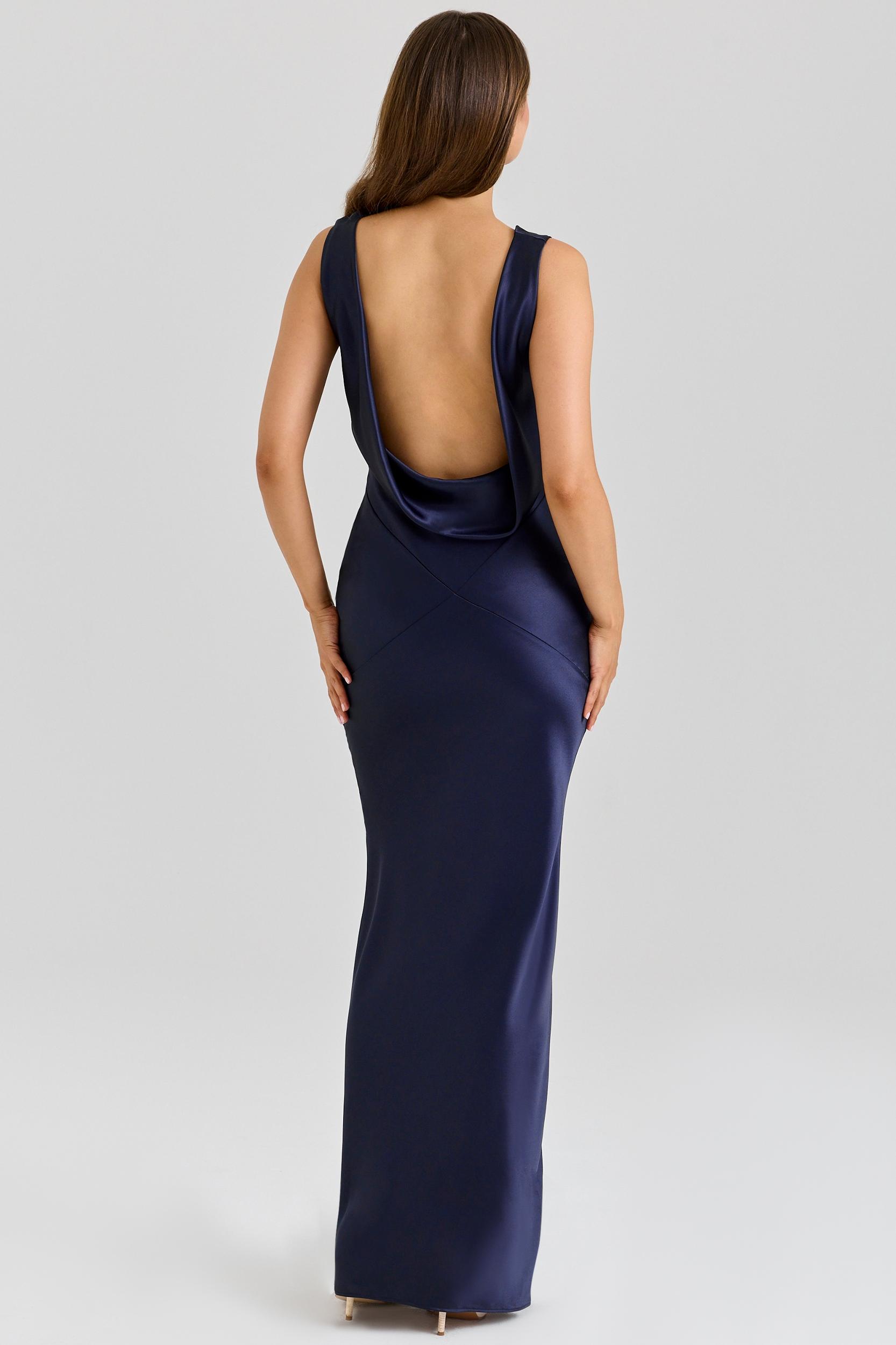 Safaira  navy satin draped cowl neck maxi dress Product Image