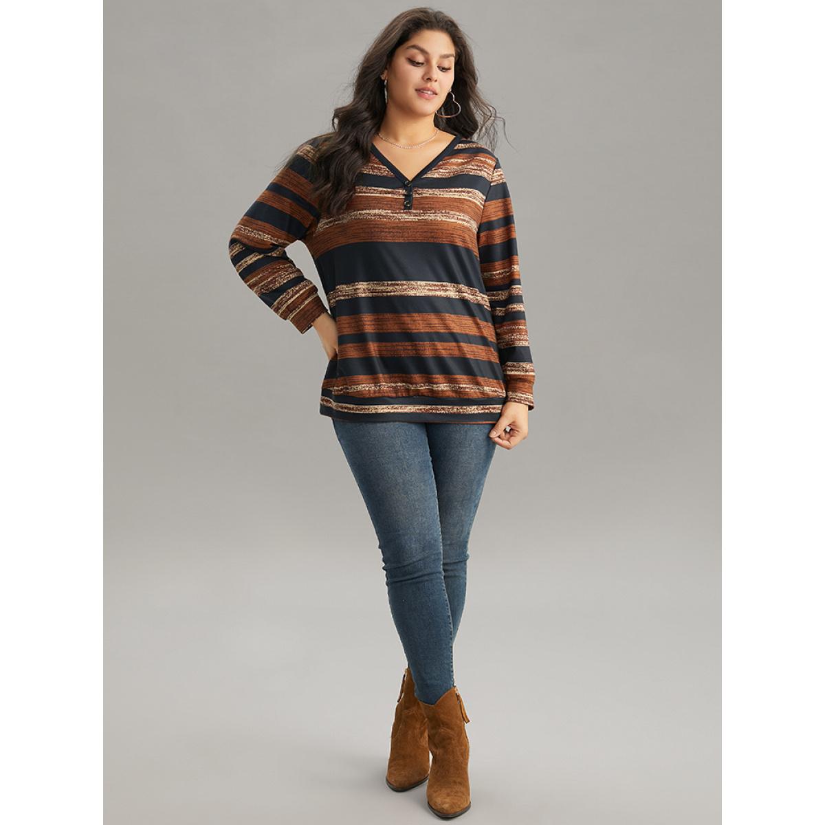 Plus Size Colour Striped Button Up Sweatshirt Women Multicolor Elegant Contrast V-neck Dailywear Sweatshirts BloomChic 30/6X Product Image