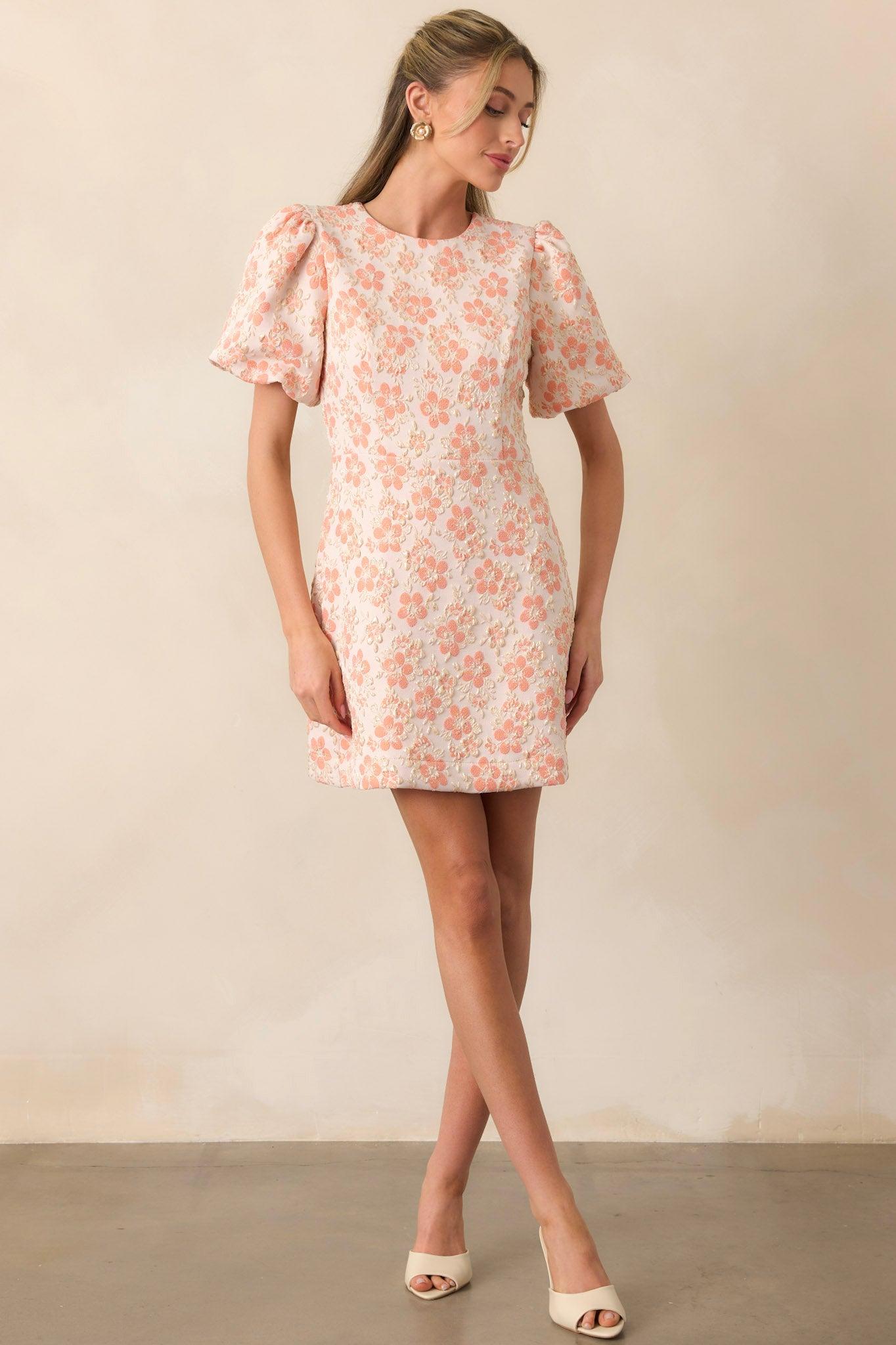 Little Luxuries Apricot Jacquard Floral Mini Dress Product Image