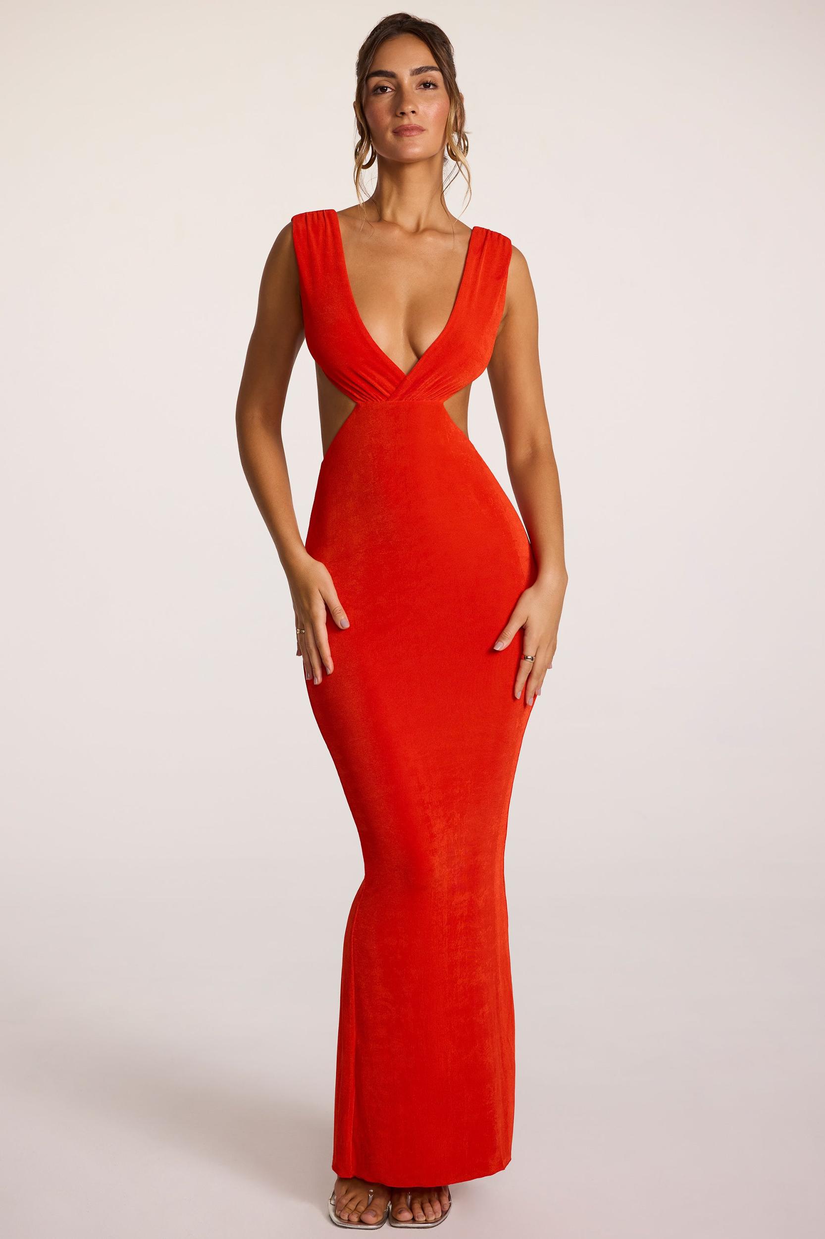 Textured Jersey Plunge Neck Maxi Dress in Fiery Red Product Image