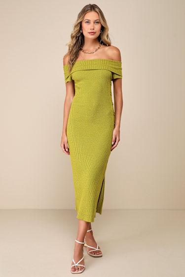 Heightened Aura Chartreuse Ribbed Off-the-Shoulder Sweater Dress Product Image
