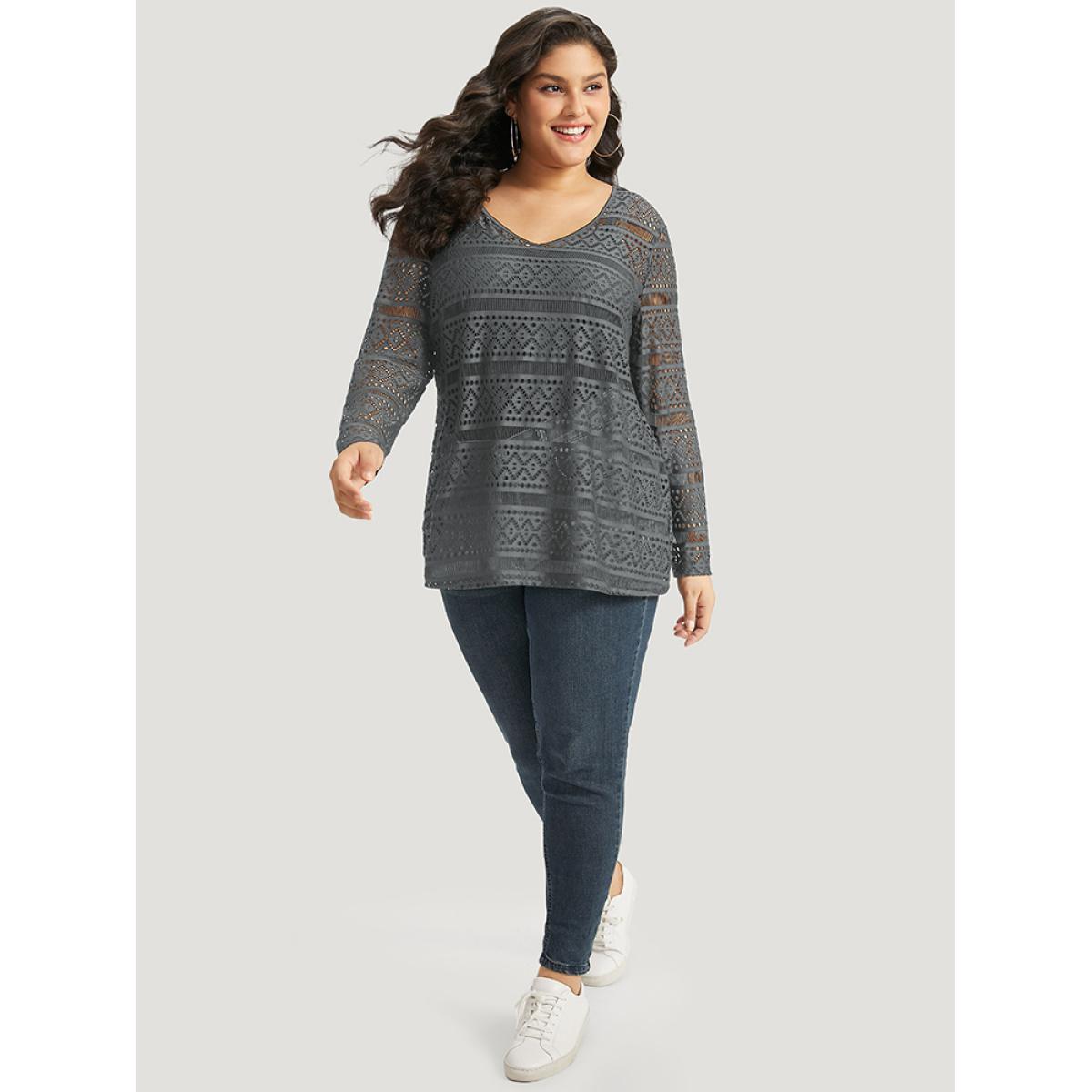 Plus Size Halloween Plain Geometric Eyelet V Neck T-shirt Gray Women Casual Plain Plain V-neck Festival-Halloween T-shirts BloomChic 30/6X Product Image