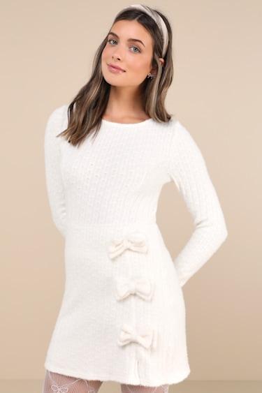 Darling Coziness Ivory Fuzzy Ribbed Knit Bow Sweater Mini Dress Product Image