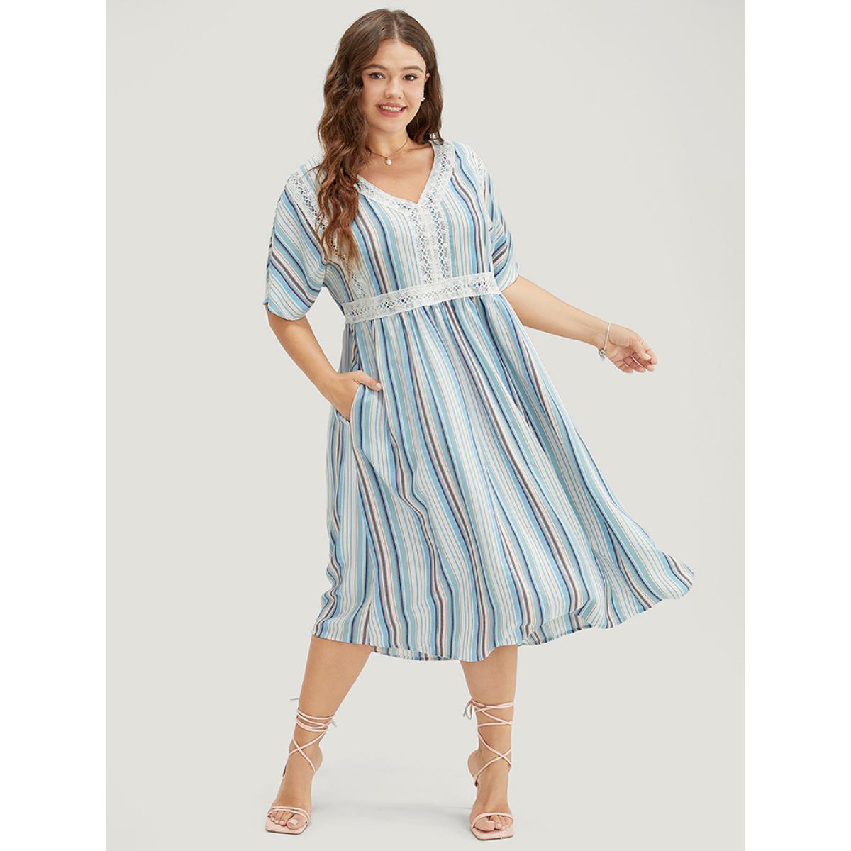 Plus Size Striped Contrast Pocket Lace Batwing Sleeve Midi Dress Blue Women Vacation Patchwork V-neck Short sleeve Curvy Midi Dress BloomChic 14-16/1X Product Image
