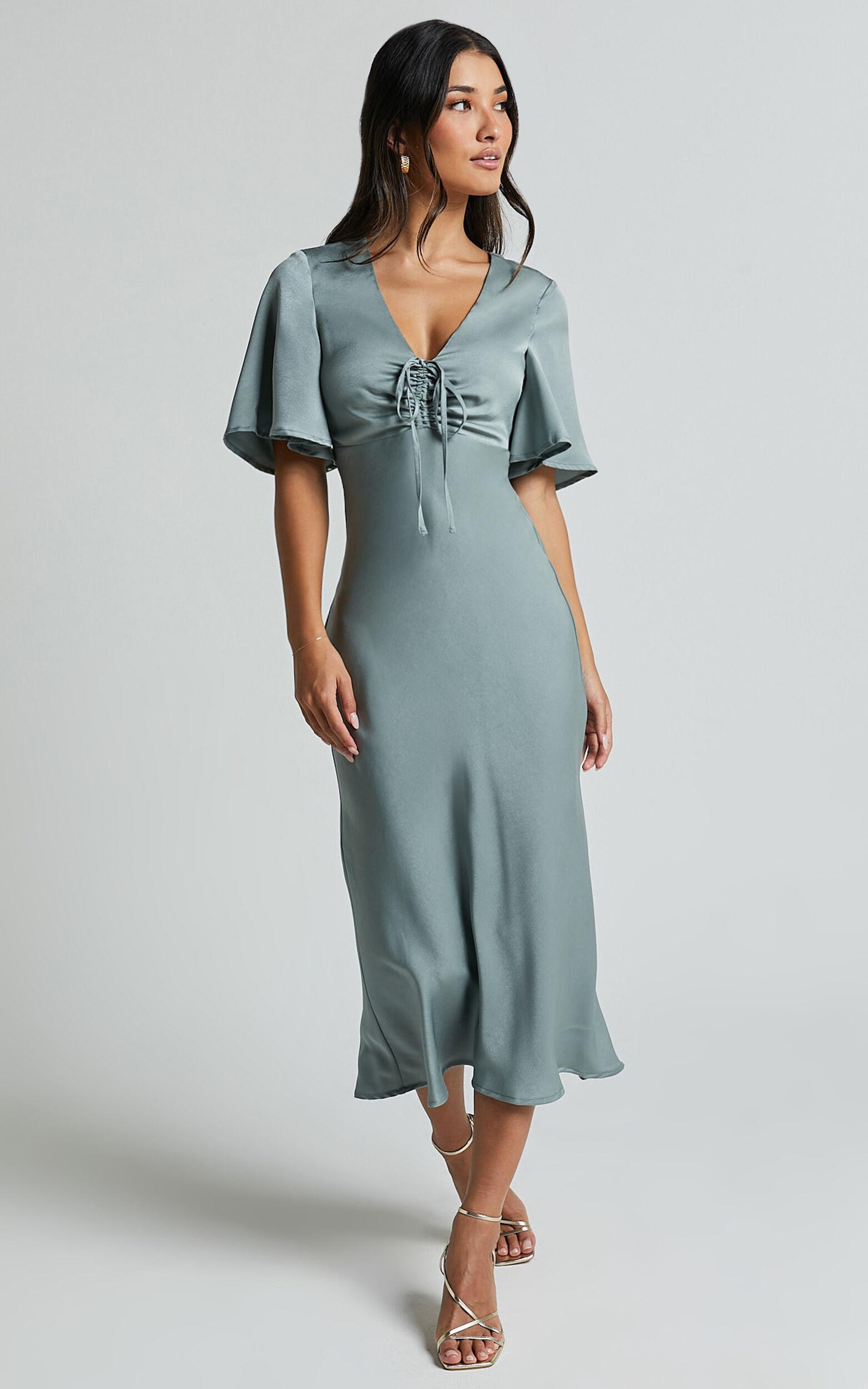 Nicholla Midi Dress - Ruched Front Angel Sleeve Slip Dress in Sage Product Image