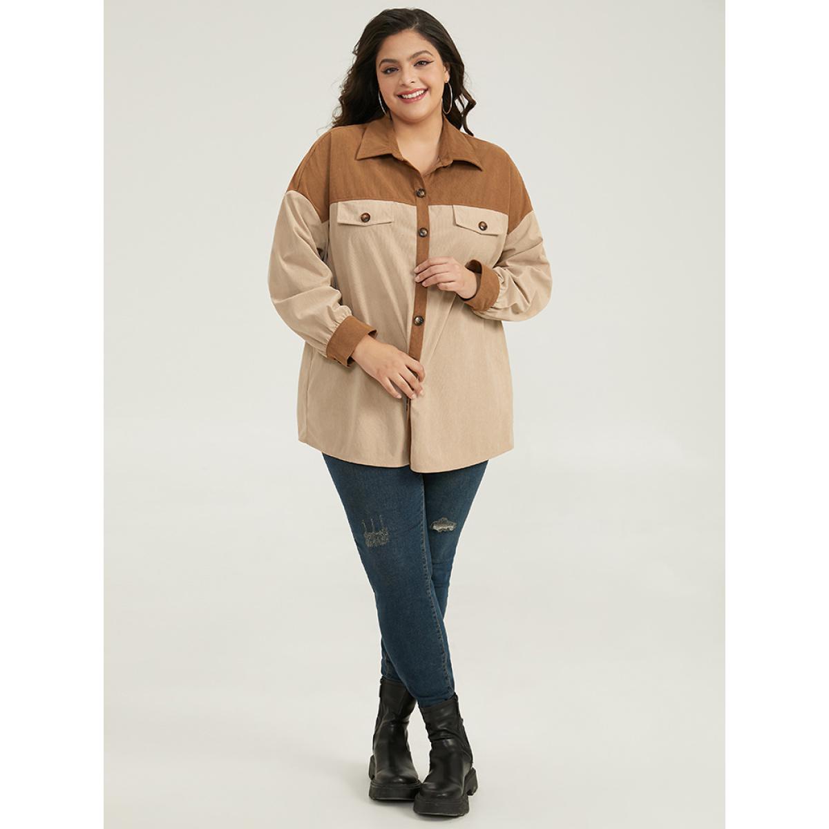 Plus Size Two Tone Button Through Patchwork Coat Women Tan Casual Contrast Ladies Dailywear Winter Coats BloomChic 14-16/1X Product Image