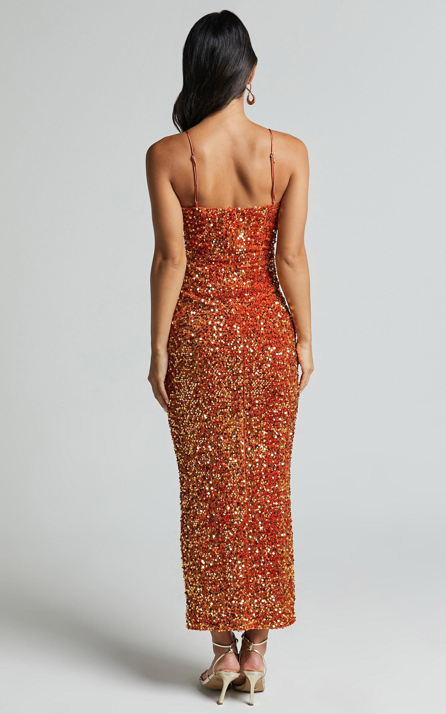 Rayner Midi Dress - V Bar Sequin Bodycon Dress in Copper Product Image