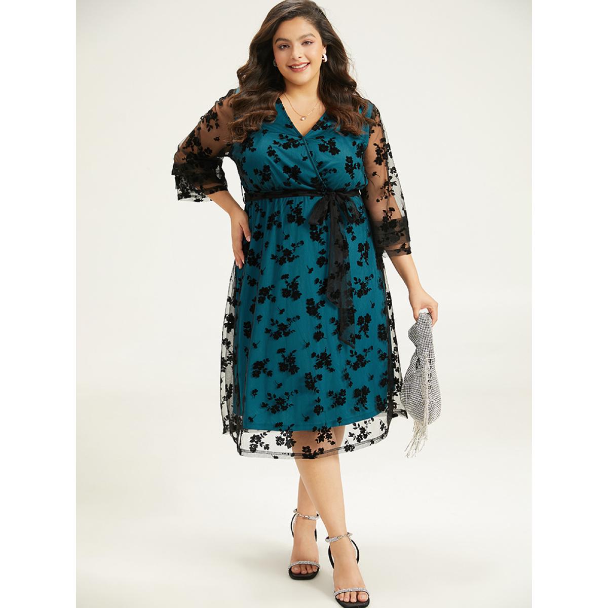 Plus Size Flocking Floral Crochet Lace Mesh Belted Dress Black Women Glamour Wrap Overlap Collar Elbow-length sleeve Curvy Midi Dress BloomChic 12/L Product Image