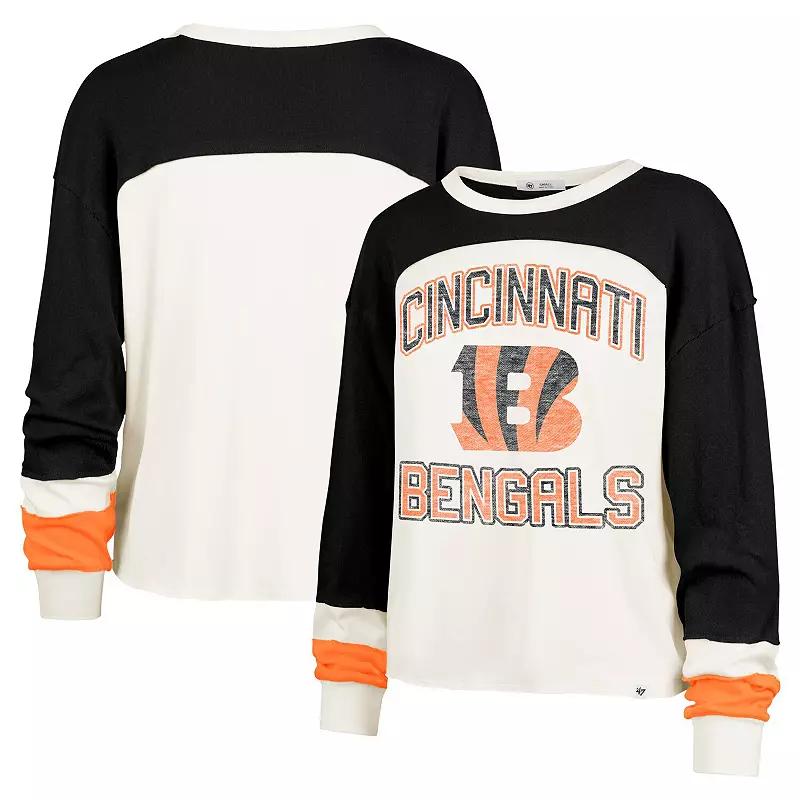 Women's '47 Cream Cincinnati Bengals Double Header Curve Raglan Long Sleeve Crop Top, Size: XL, Beige Product Image
