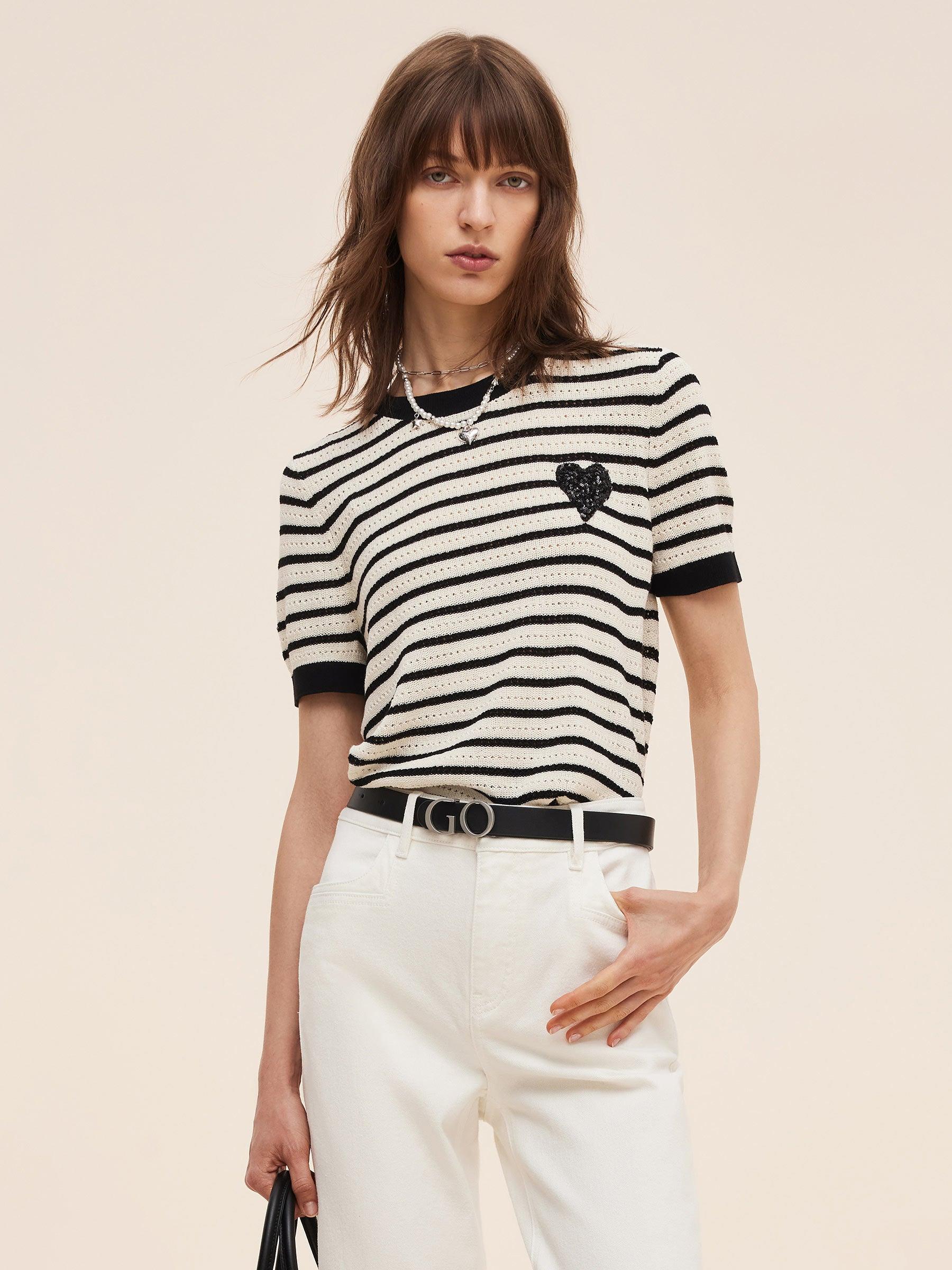 100% Cotton Stripe Women Openwork Knit T-Shirt Product Image