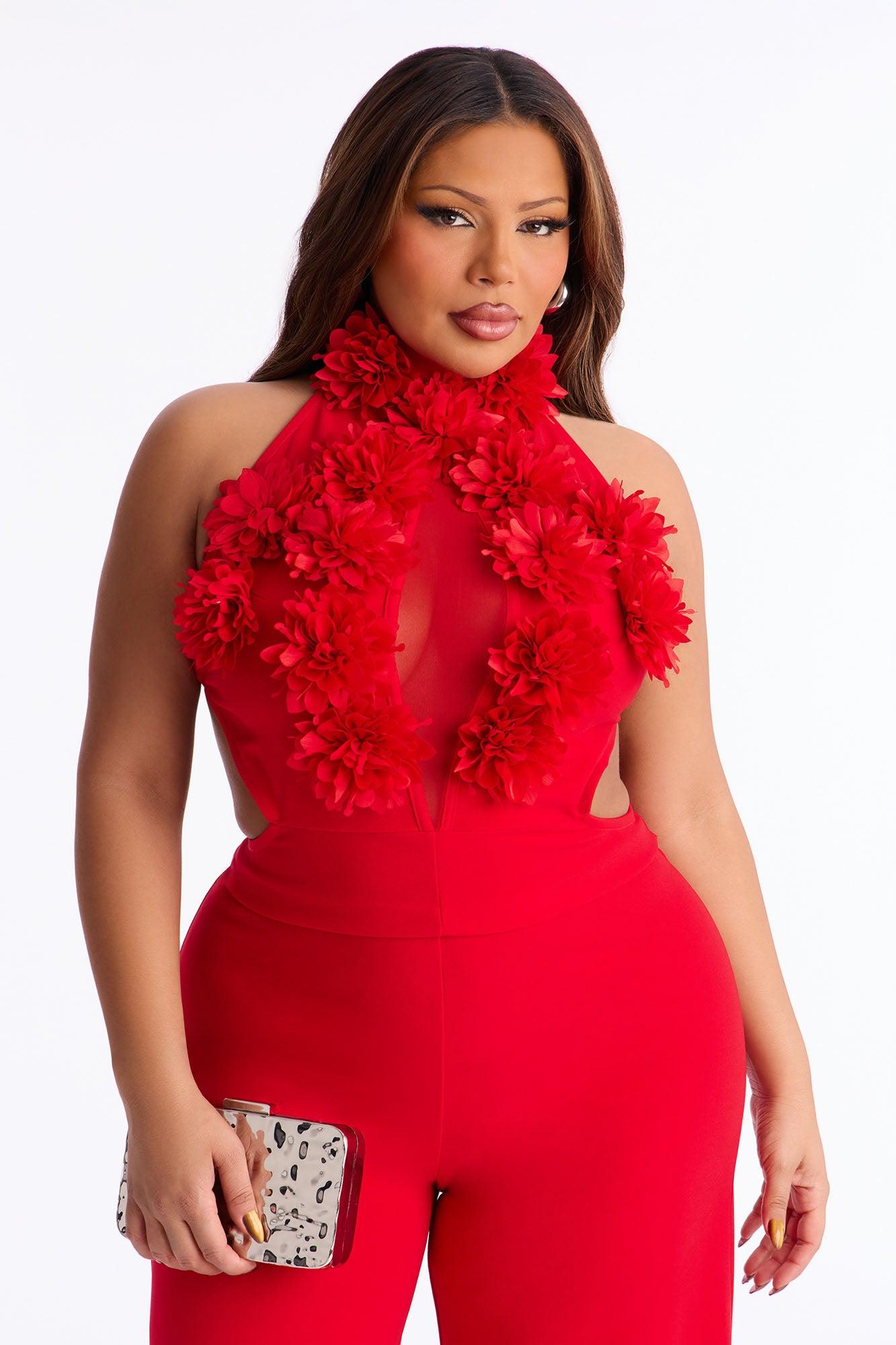 Kennedy 3D Floral Mock Neck Jumpsuit - Red Female Product Image