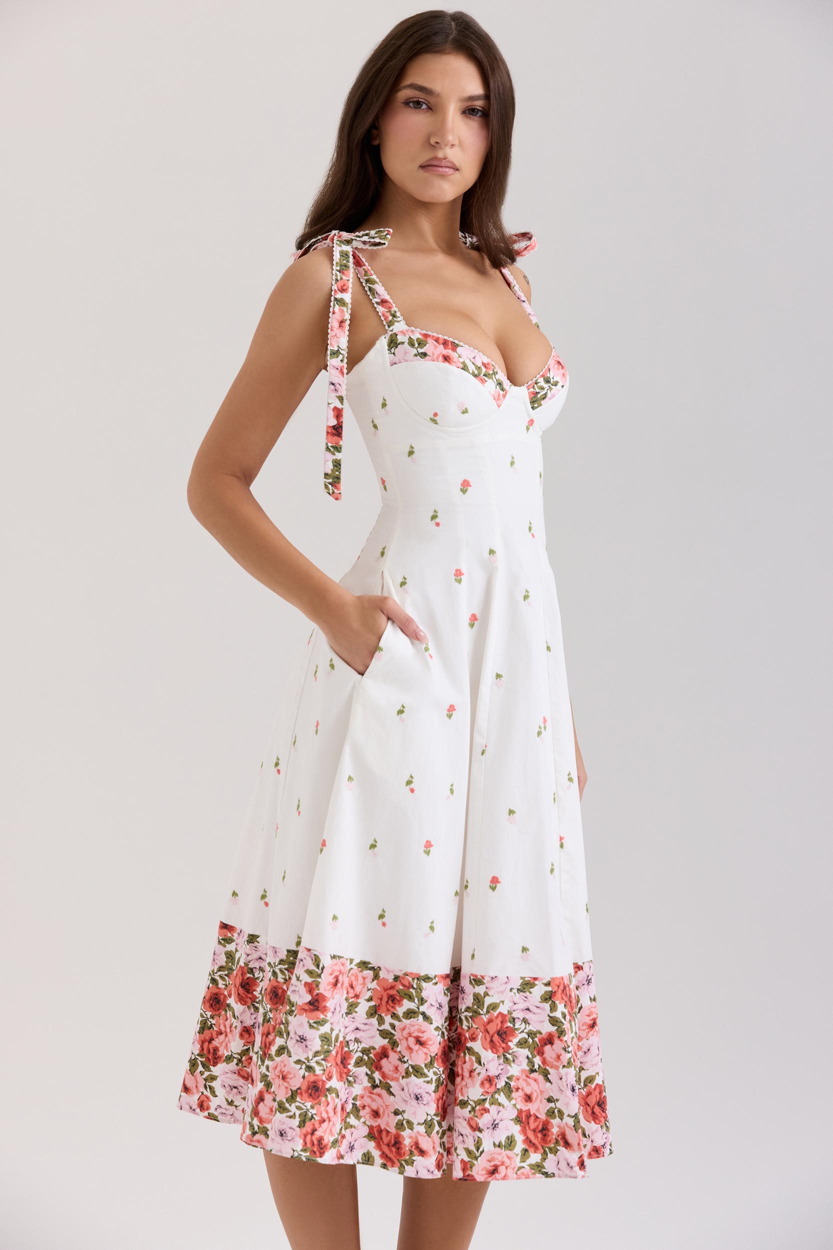 Emely  white floral print stretch cotton midi sundress Product Image