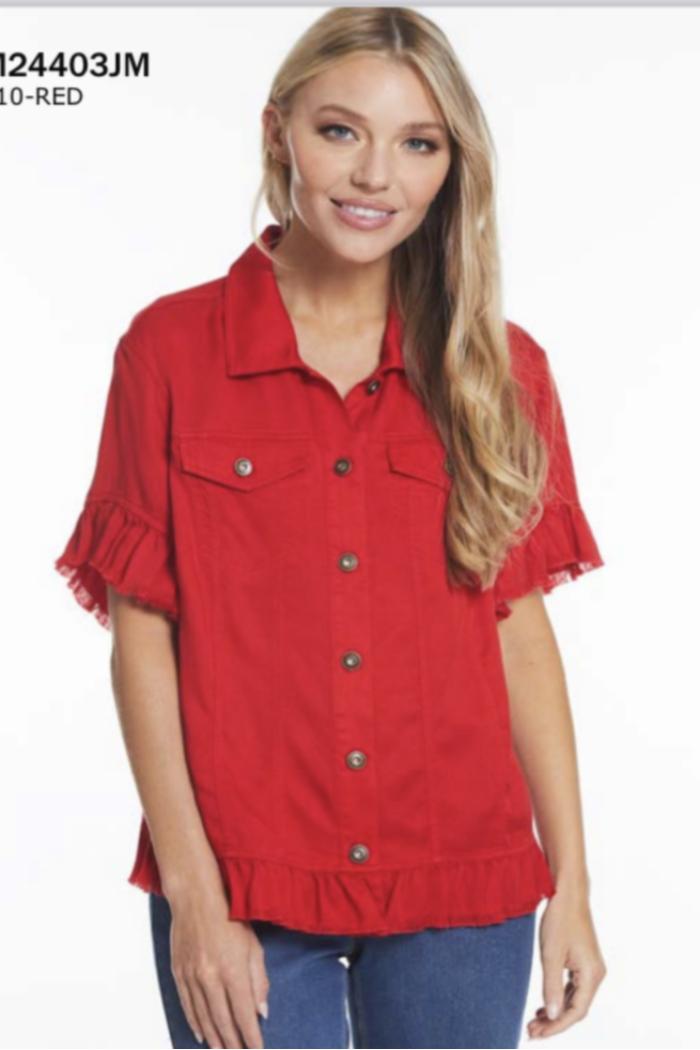Ruffle short sleeve 2 pocket ruffle hem jean jacket Product Image