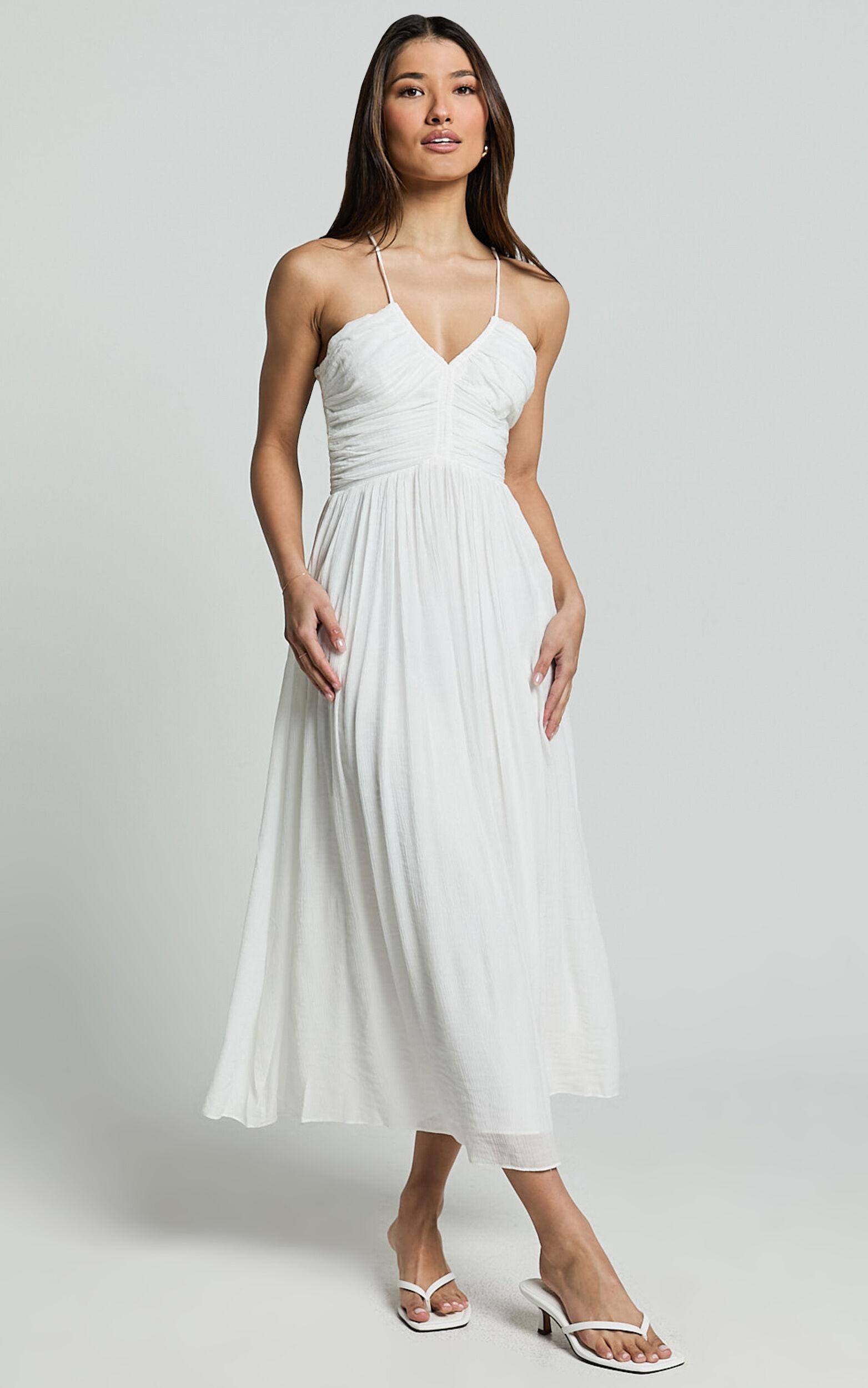 Roza Midi Dress - Ruched Bodice Dress in White Product Image